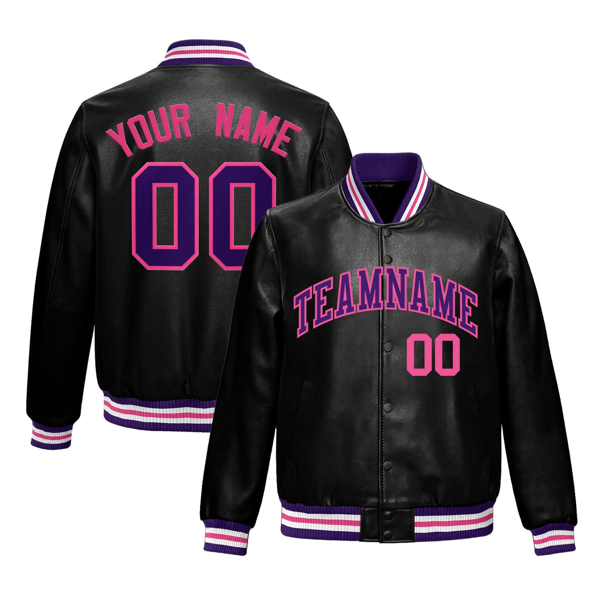 Custom Black Purple Pink Full-Snap Varsity Faux Leather Letterman Jacket| KXKSHOP