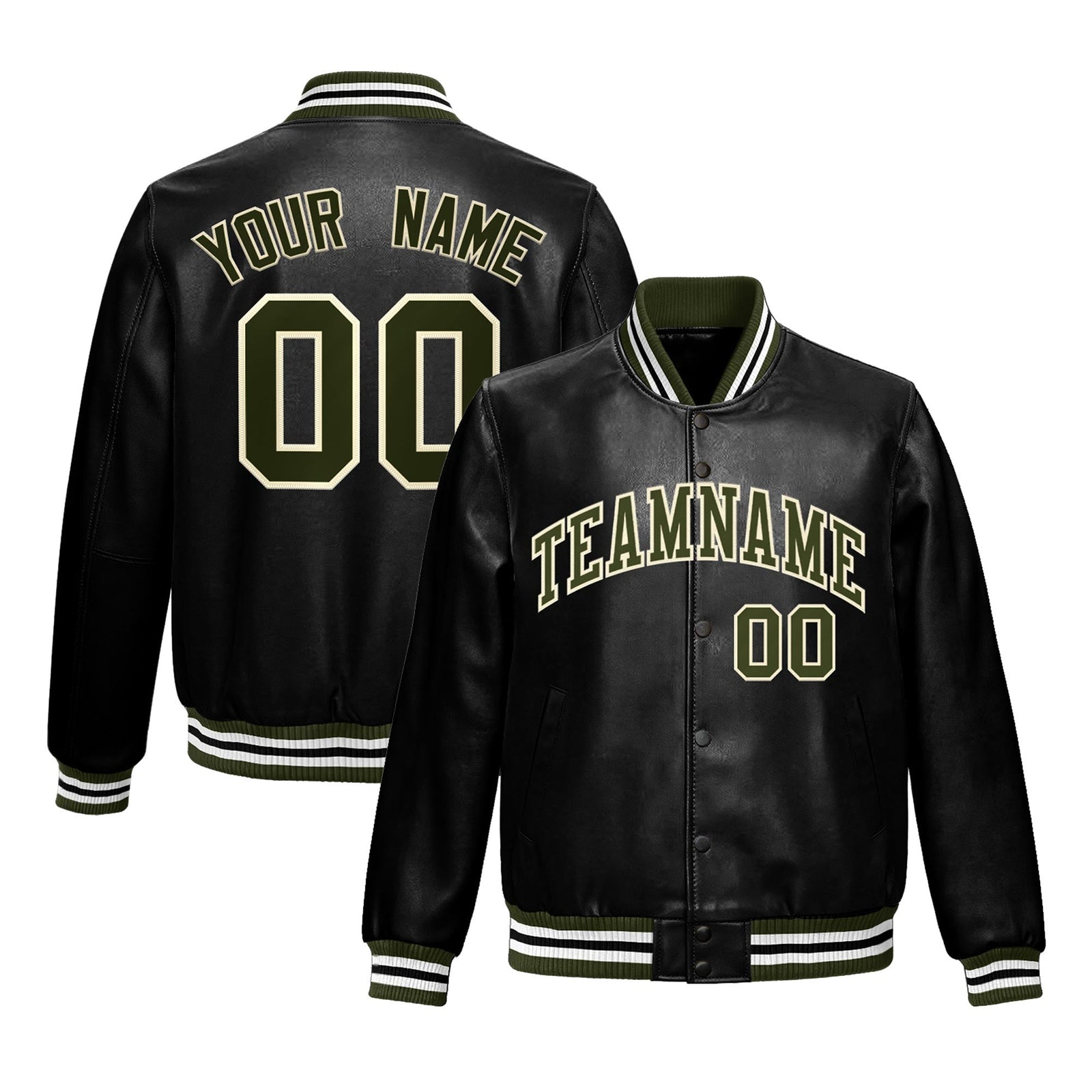 Custom Black Olive Full-Snap Varsity Faux Leather Letterman Jacket| KXKSHOP