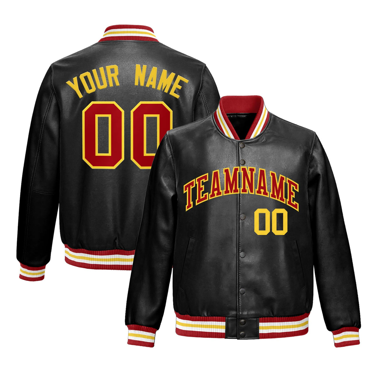 Custom Black Red Gold Full-Snap Varsity Faux Leather Letterman Jacket| KXKSHOP
