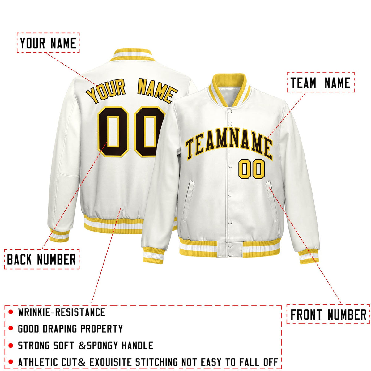 Custom Gold White Full-Snap Varsity Faux Leather Letterman Jacket| KXKSHOP