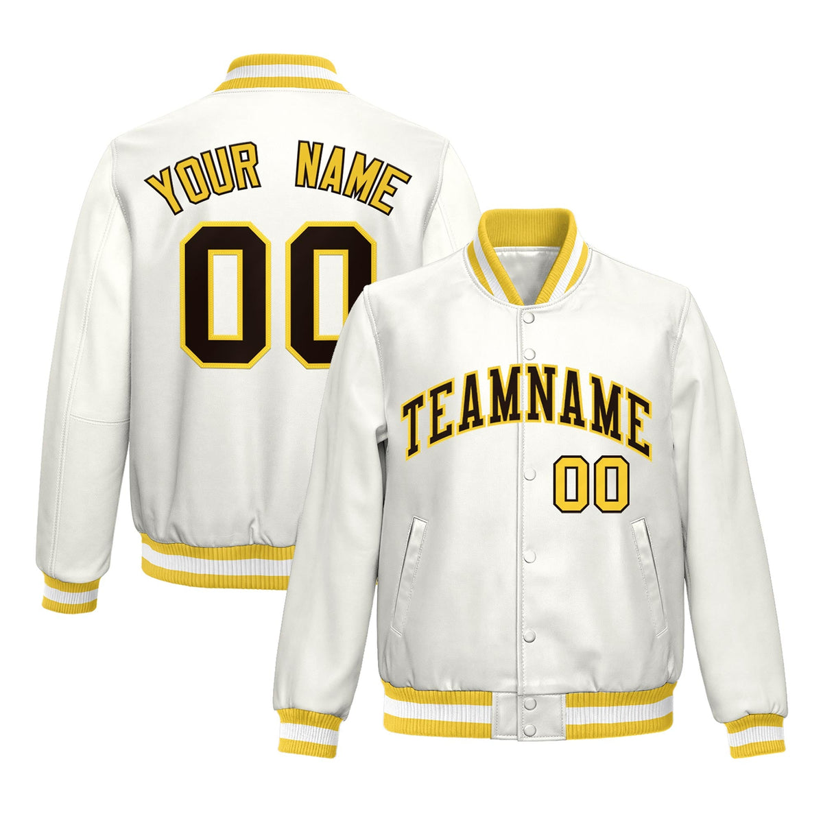 Custom Gold White Full-Snap Varsity Faux Leather Letterman Jacket| KXKSHOP