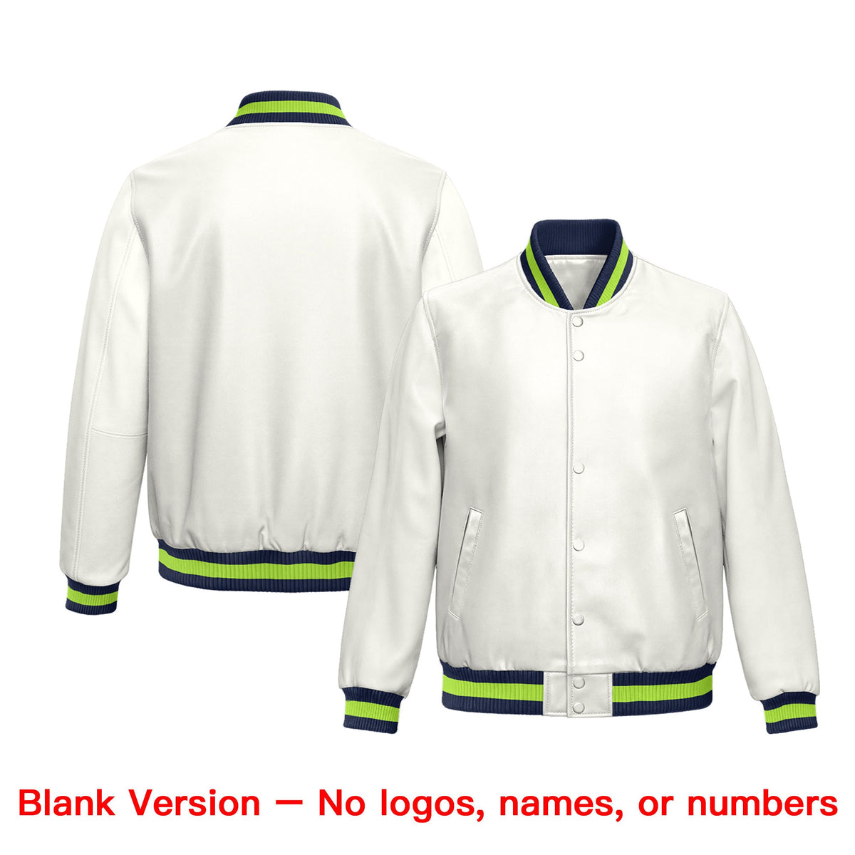 Custom White Neon Green Full-Snap Varsity Faux Leather Letterman Jacket| KXKSHOP