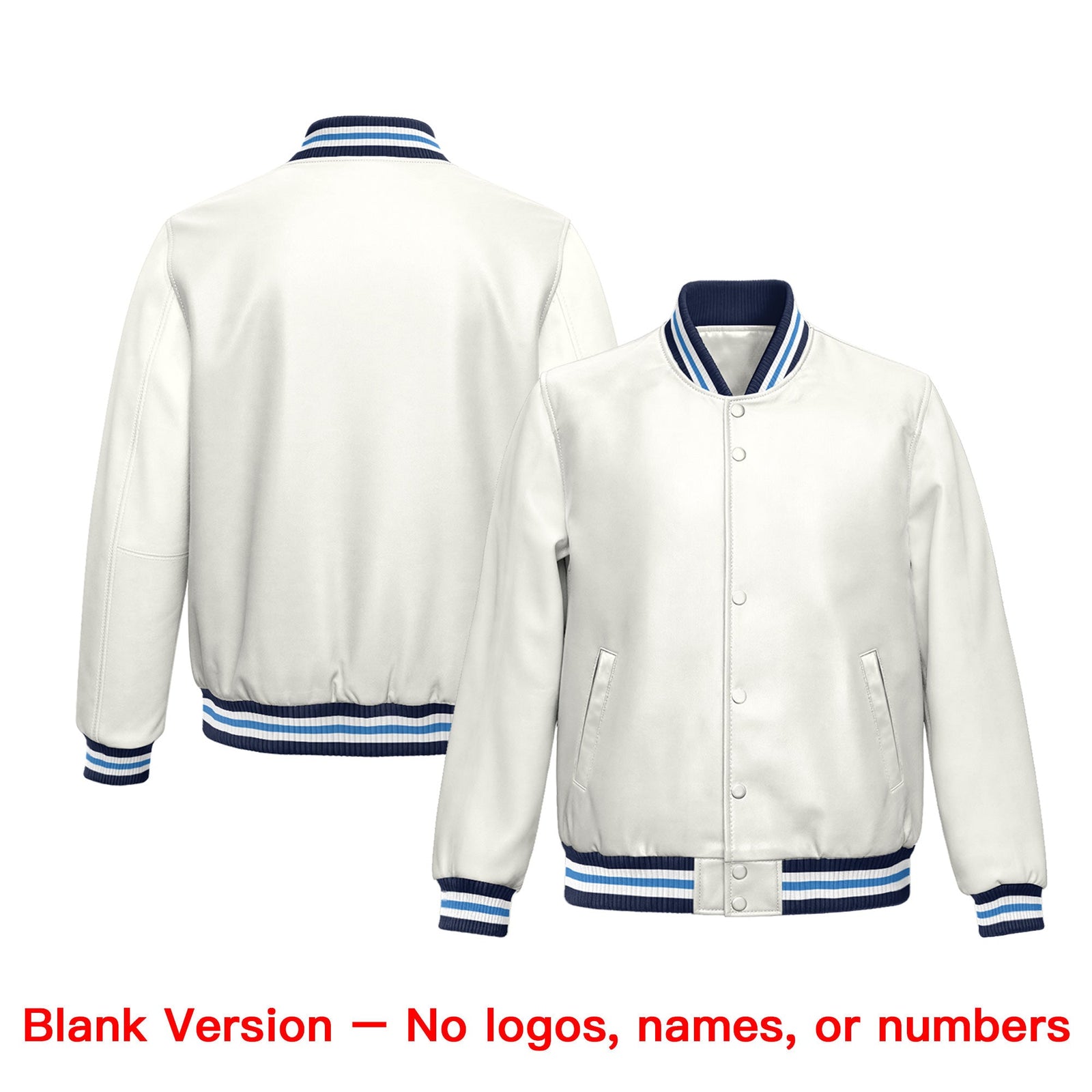 Custom White Light Blue Full-Snap Varsity Faux Leather Letterman Jacket| KXKSHOP