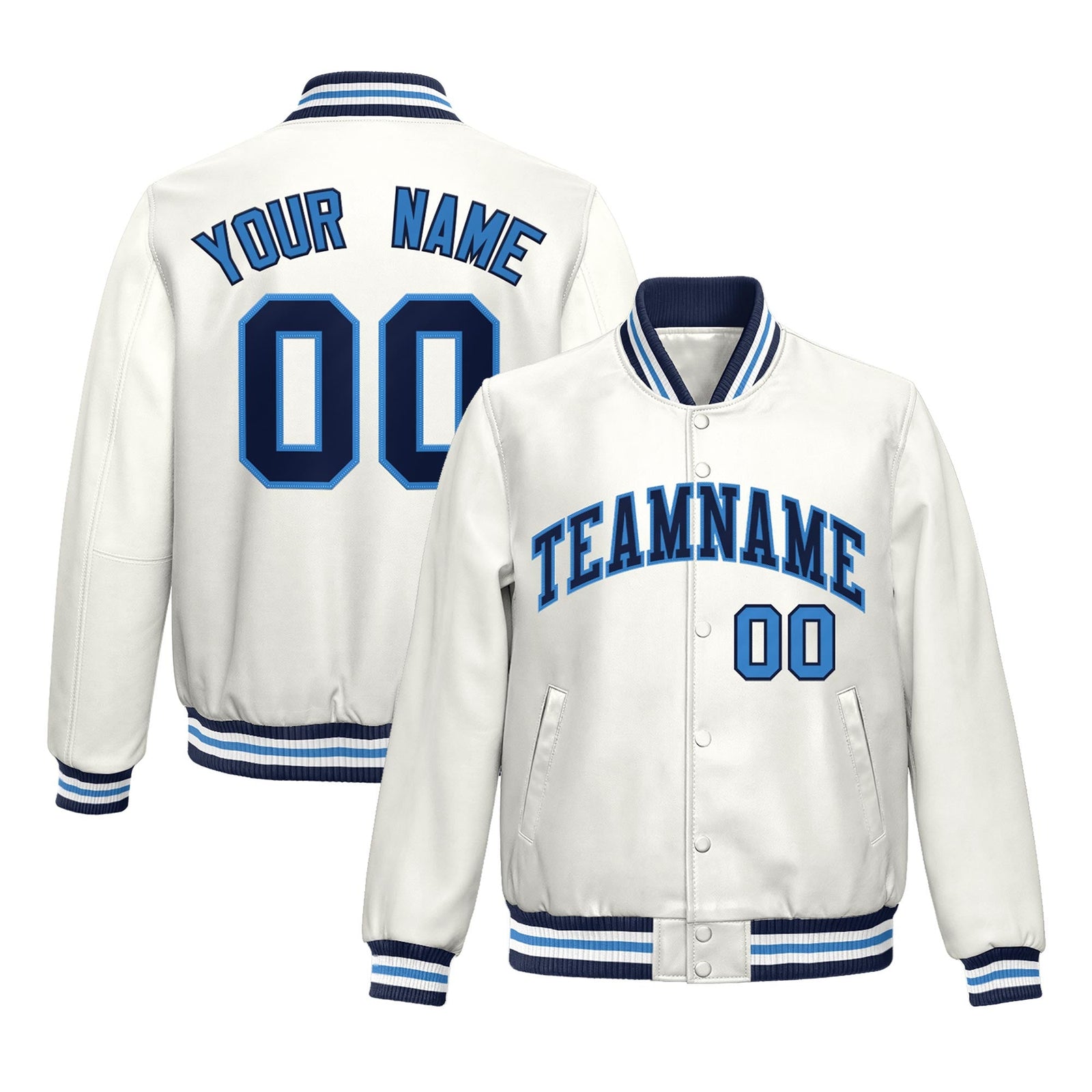 Custom White Light Blue Full-Snap Varsity Faux Leather Letterman Jacket| KXKSHOP