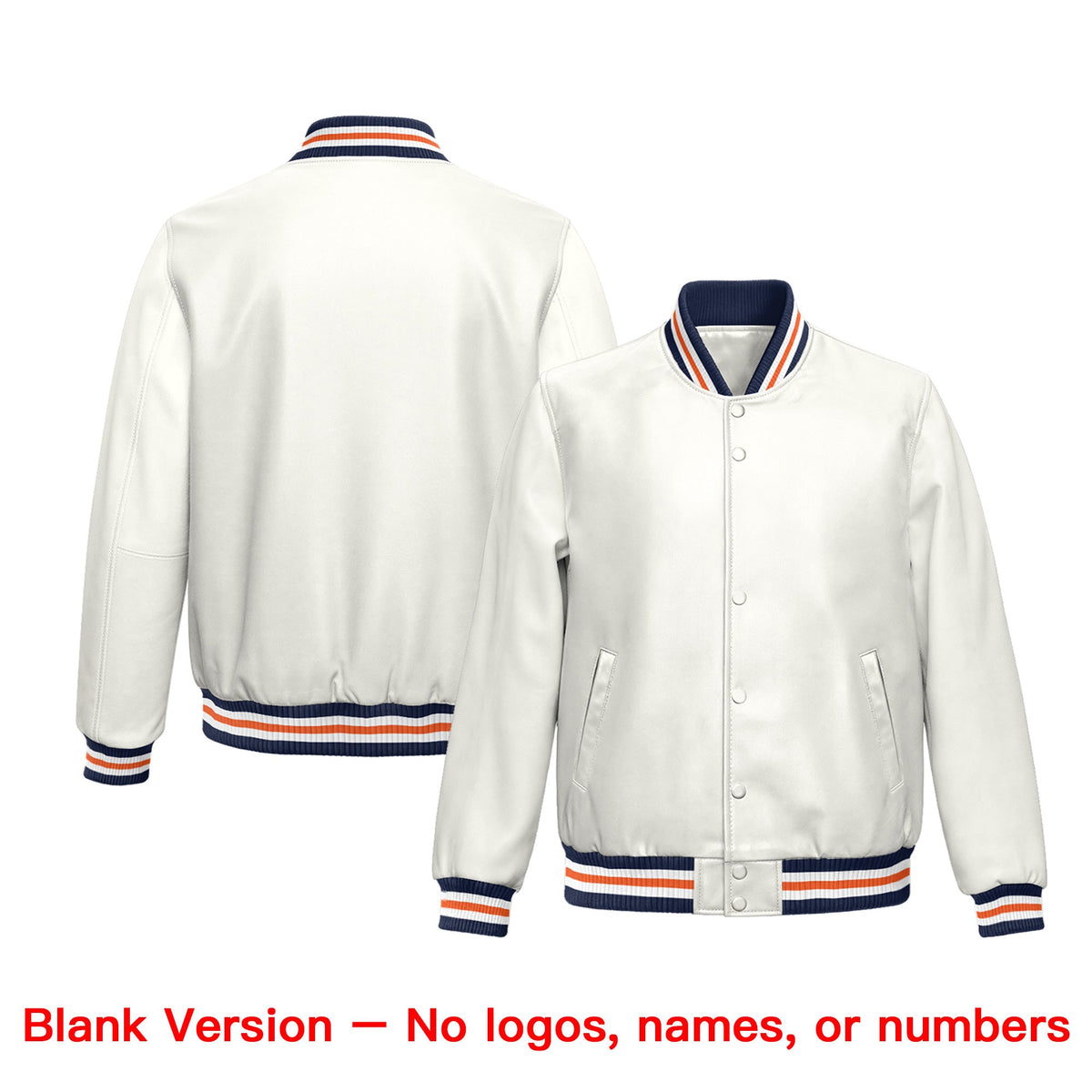 Custom White Navy Orange Full-Snap Varsity Faux Leather Letterman Jacket| KXKSHOP