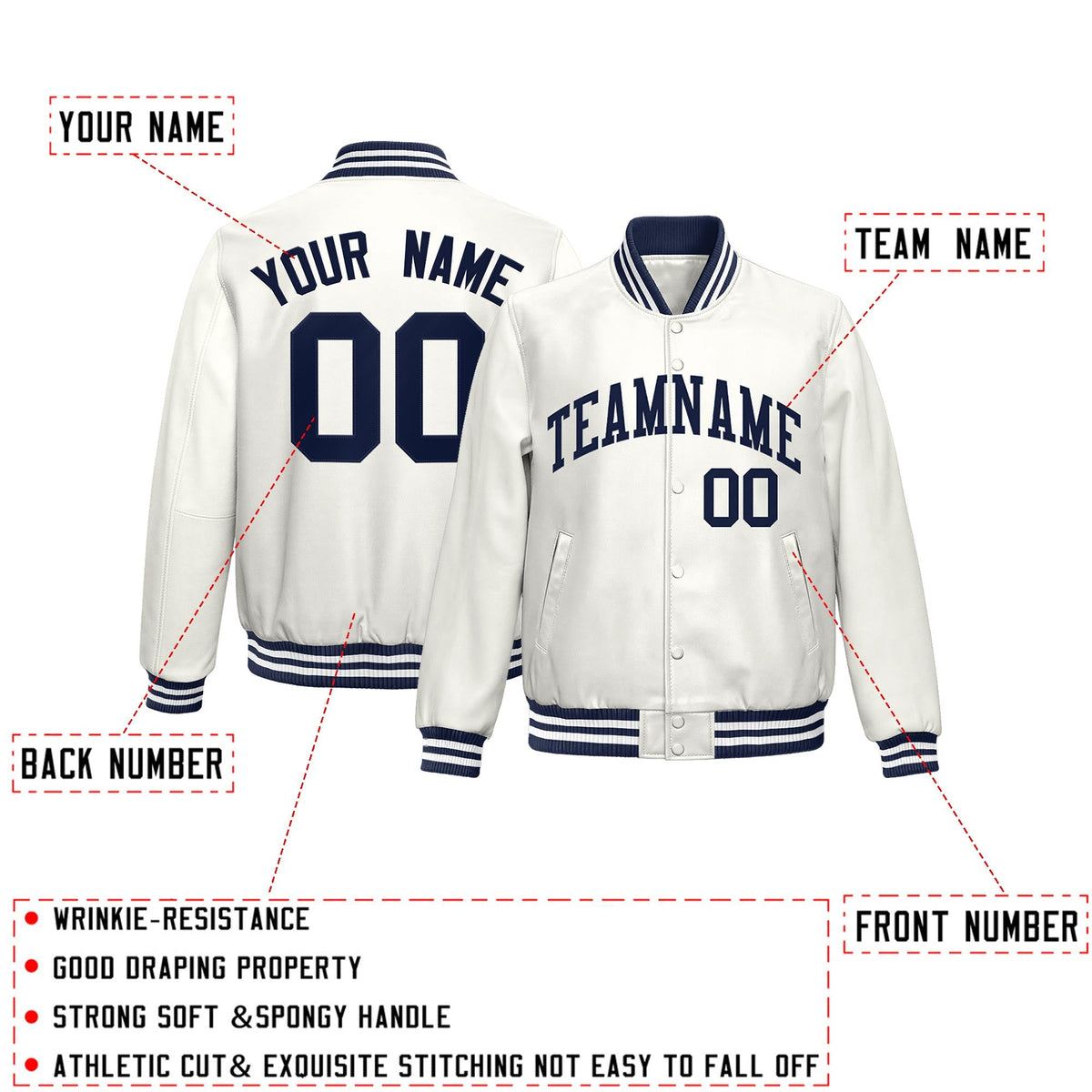 Custom White Navy Full-Snap Varsity Faux Leather Letterman Jacket| KXKSHOP