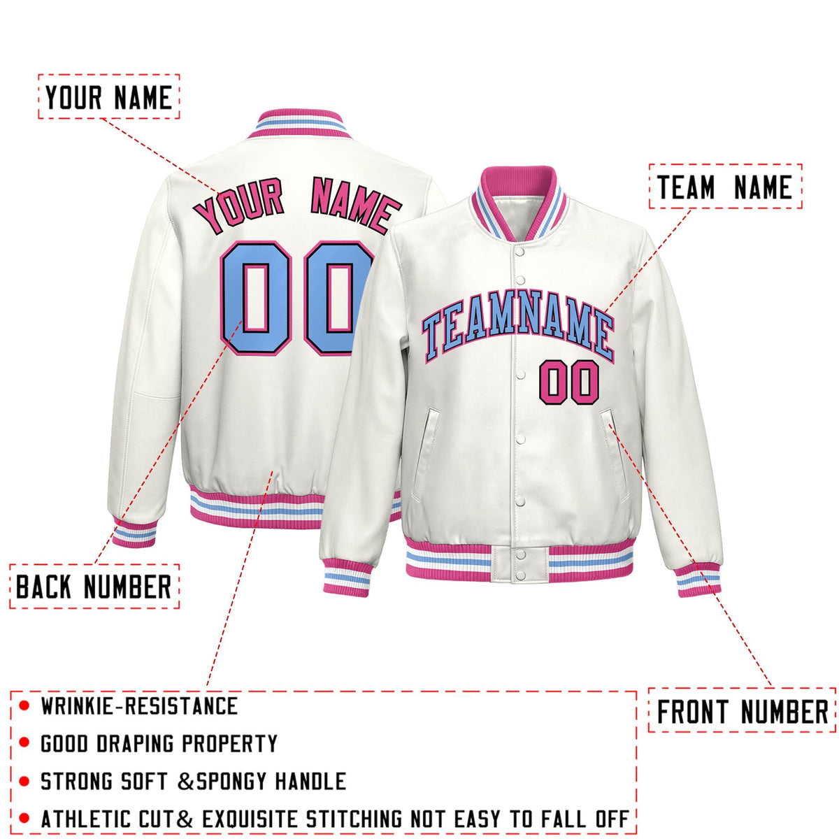Custom White Pink Full-Snap Varsity Faux Leather Letterman Jacket| KXKSHOP