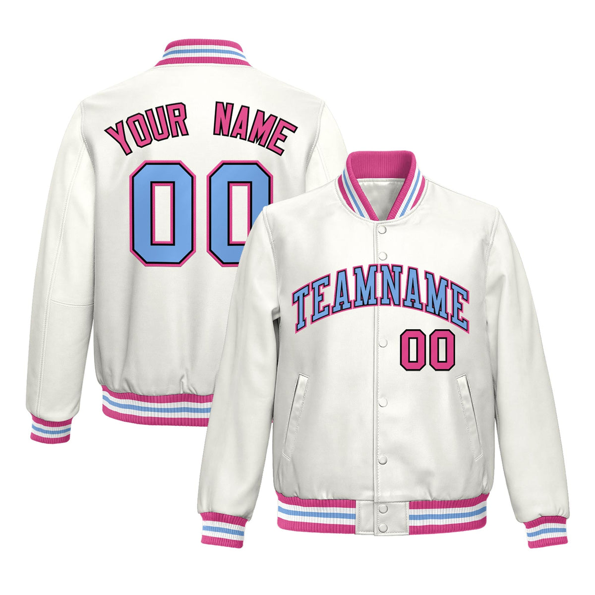 Custom White Pink Full-Snap Varsity Faux Leather Letterman Jacket| KXKSHOP