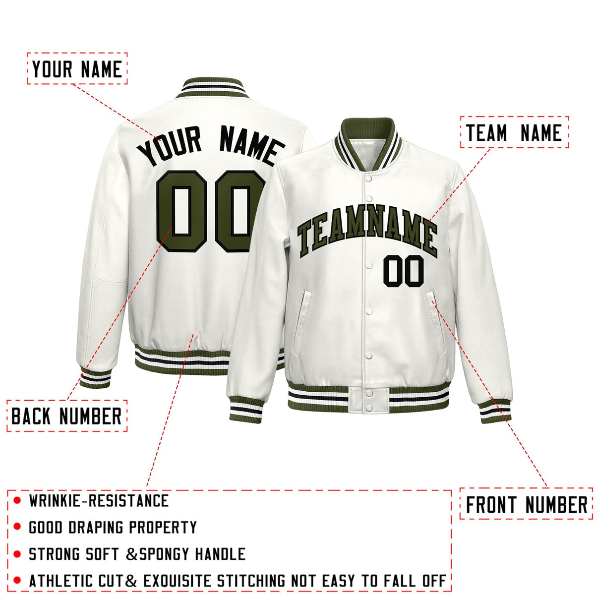 Custom White Olive Full-Snap Varsity Faux Leather Letterman Jacket| KXKSHOP