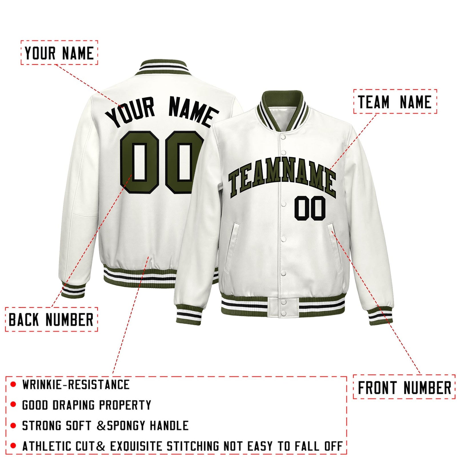 Custom White Olive Full-Snap Varsity Faux Leather Letterman Jacket| KXKSHOP