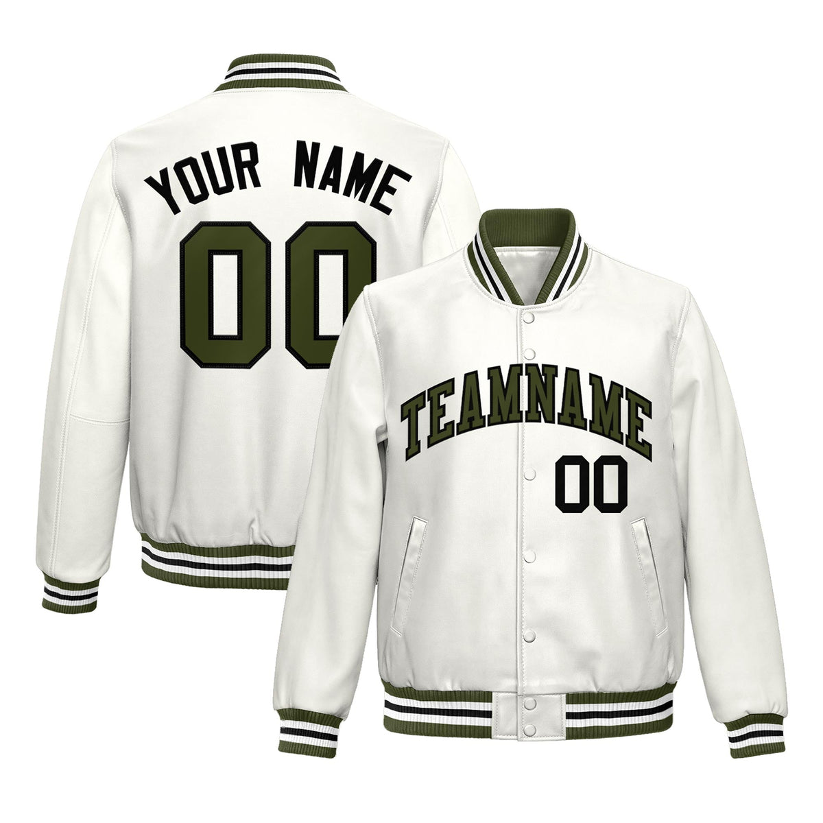 Custom White Olive Full-Snap Varsity Faux Leather Letterman Jacket| KXKSHOP