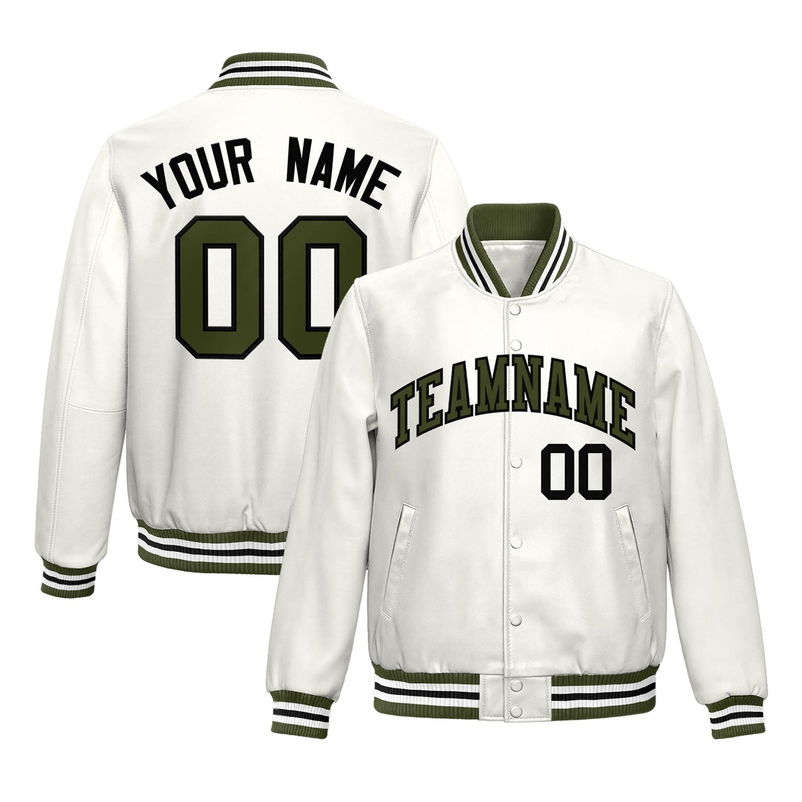 Custom White Olive Full-Snap Varsity Faux Leather Letterman Jacket| KXKSHOP