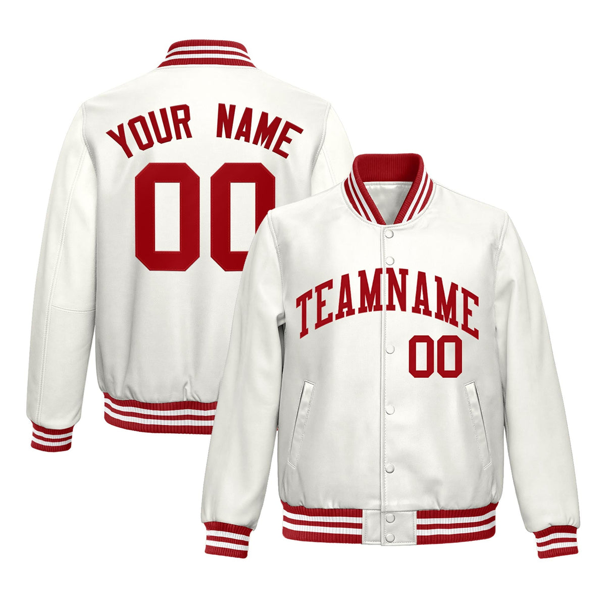 Custom White Red Full-Snap Varsity Faux Leather Letterman Jacket| KXKSHOP