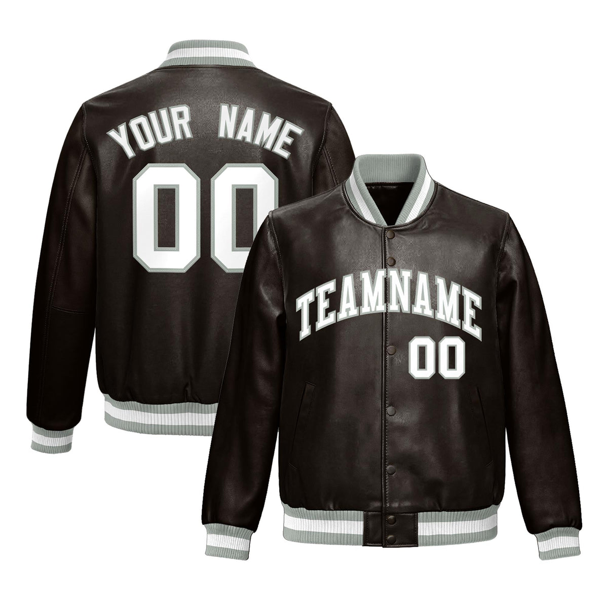 Custom Brown Gray Full-Snap Varsity Faux Leather Letterman Jacket| KXKSHOP