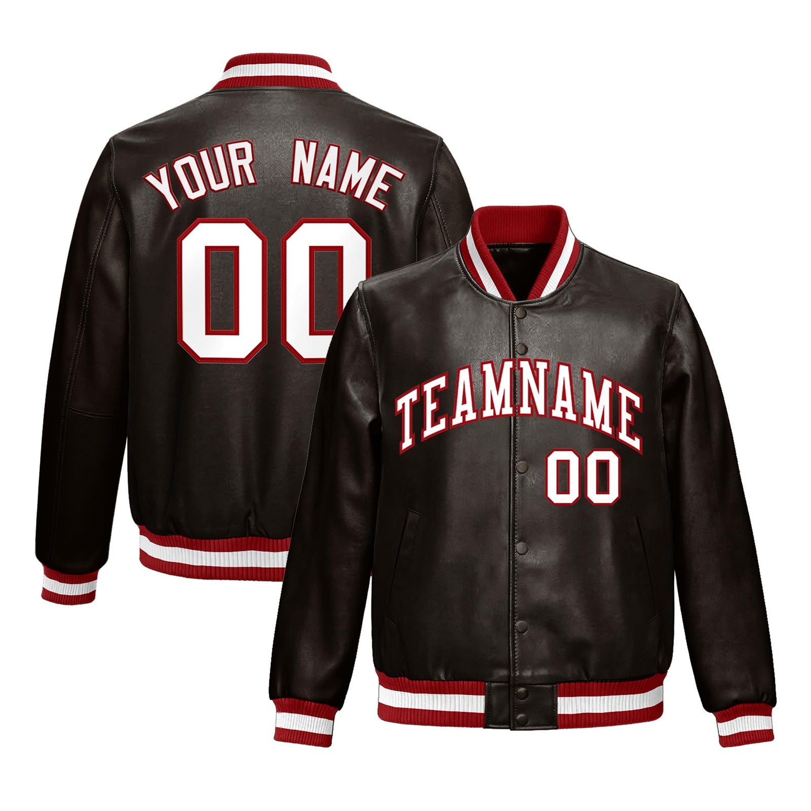 Custom Brown Red Full-Snap Varsity Faux Leather Letterman Jacket| KXKSHOP