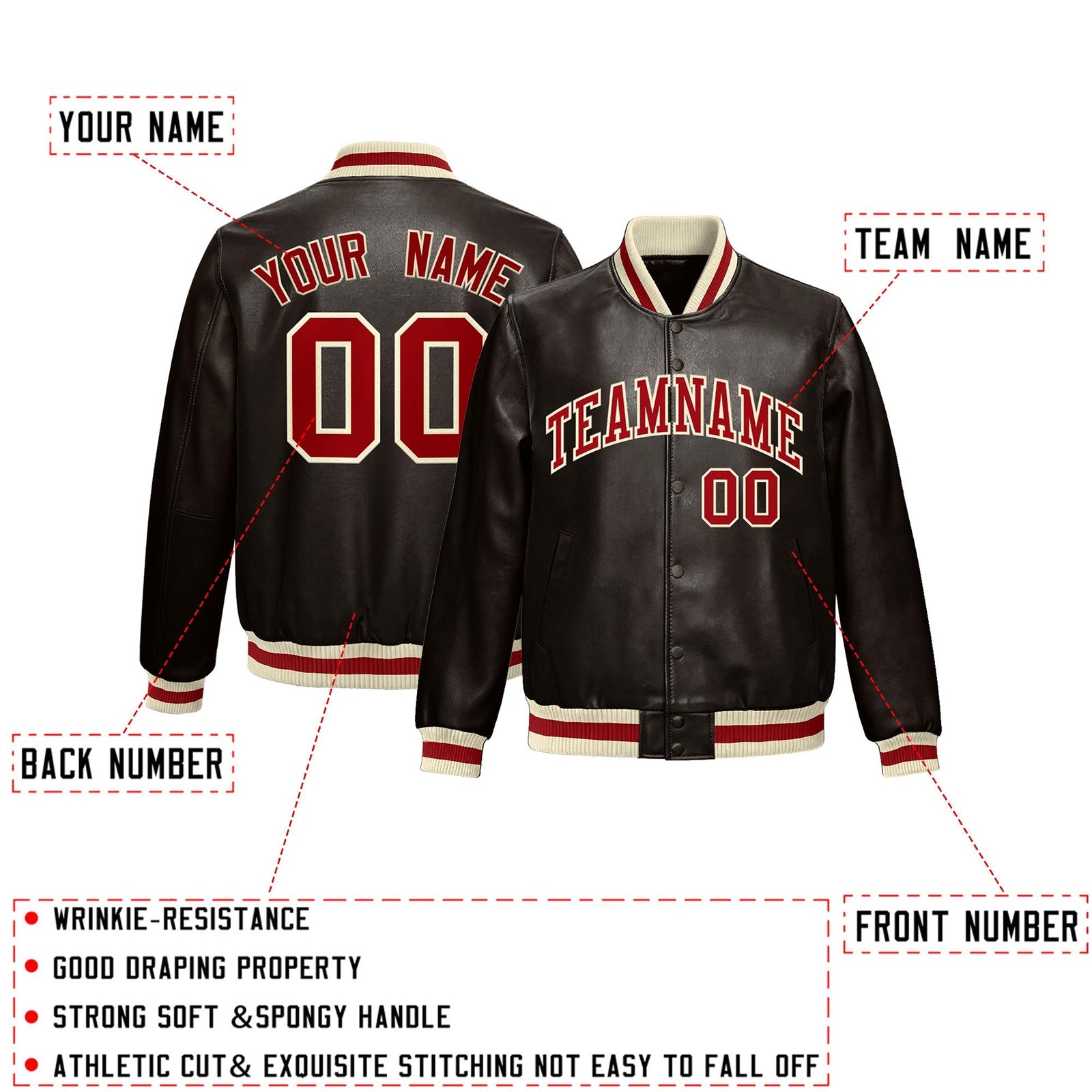 Custom Brown Red Cream Full-Snap Varsity Faux Leather Letterman Jacket| KXKSHOP
