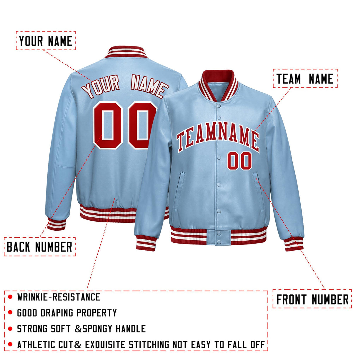 Custom Powder Blue Red Full-Snap Varsity Faux Leather Letterman Jacket| KXKSHOP