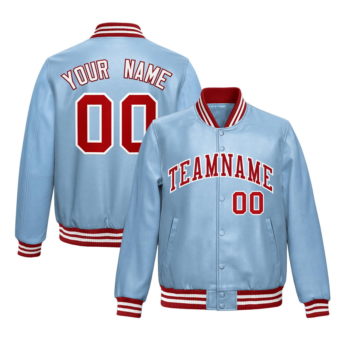 Custom Powder Blue Red Full-Snap Varsity Faux Leather Letterman Jacket| KXKSHOP