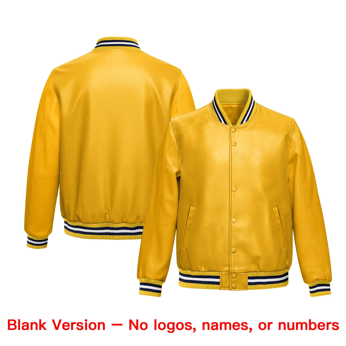 Custom Yellow Navy Full-Snap Varsity Faux Leather Letterman Jacket| KXKSHOP