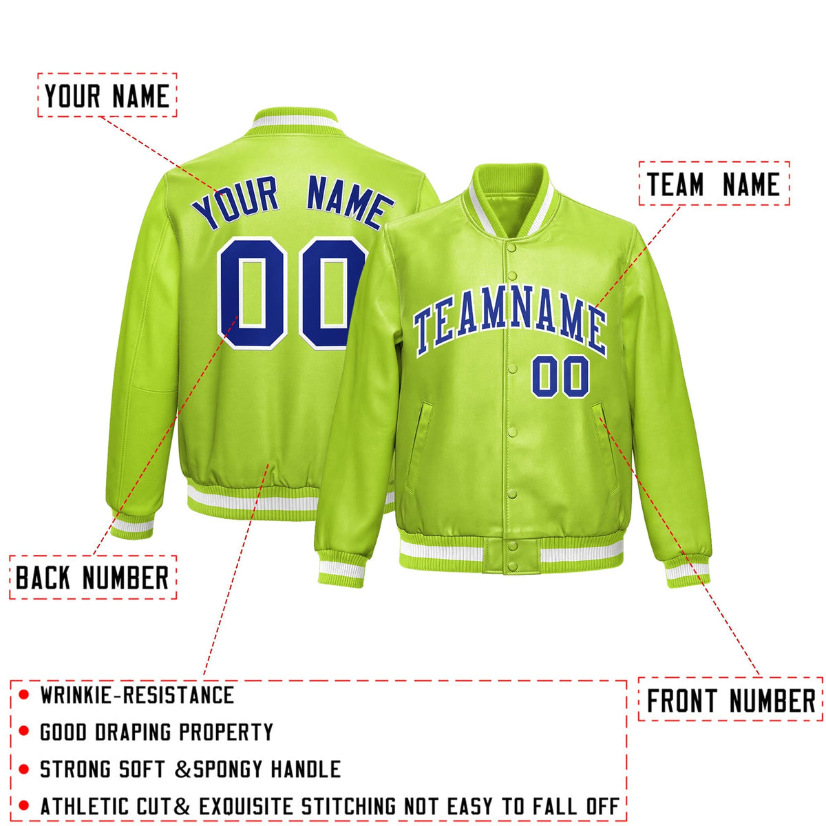 Custom Neon Green Royal Blue Full-Snap Varsity Faux Leather Letterman Jacket| KXKSHOP