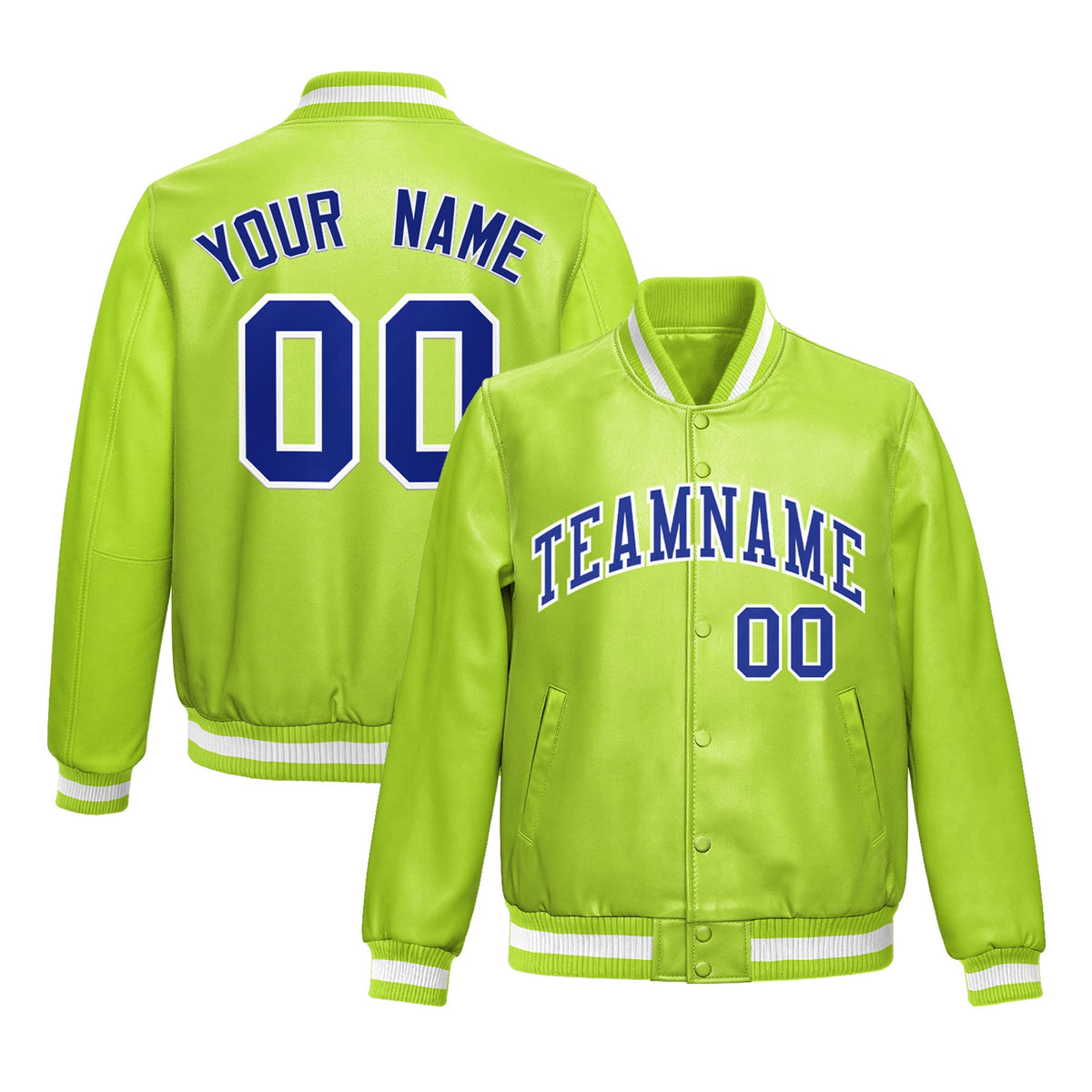 Custom Neon Green Royal Blue Full-Snap Varsity Faux Leather Letterman Jacket| KXKSHOP