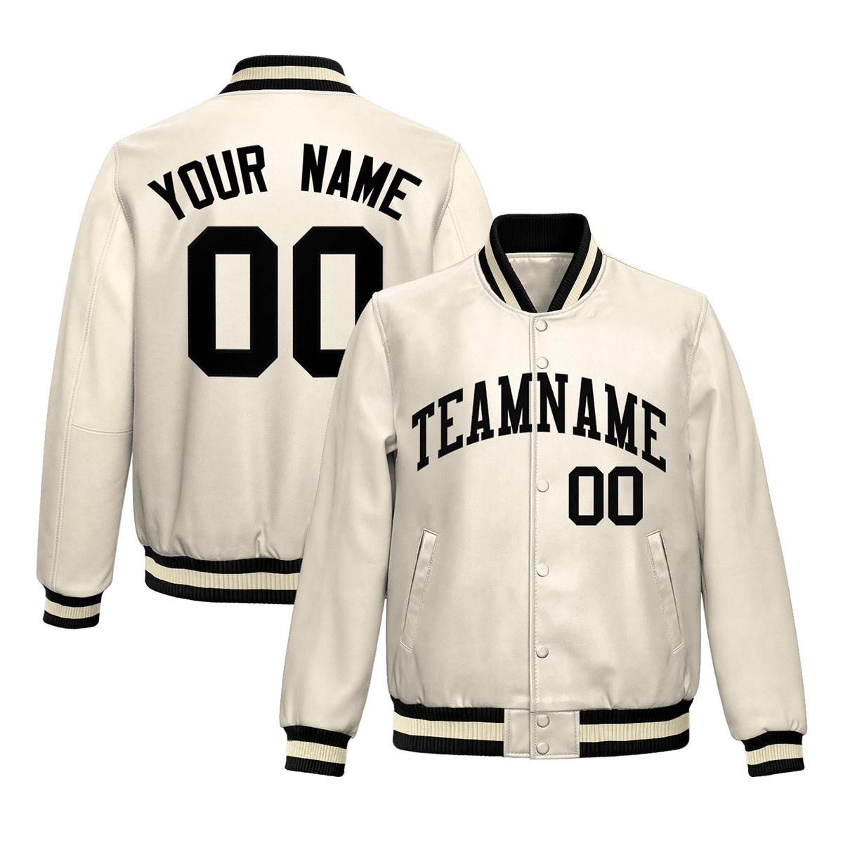 Custom Cream Black Full-Snap Varsity Faux Leather Letterman Jacket| KXKSHOP
