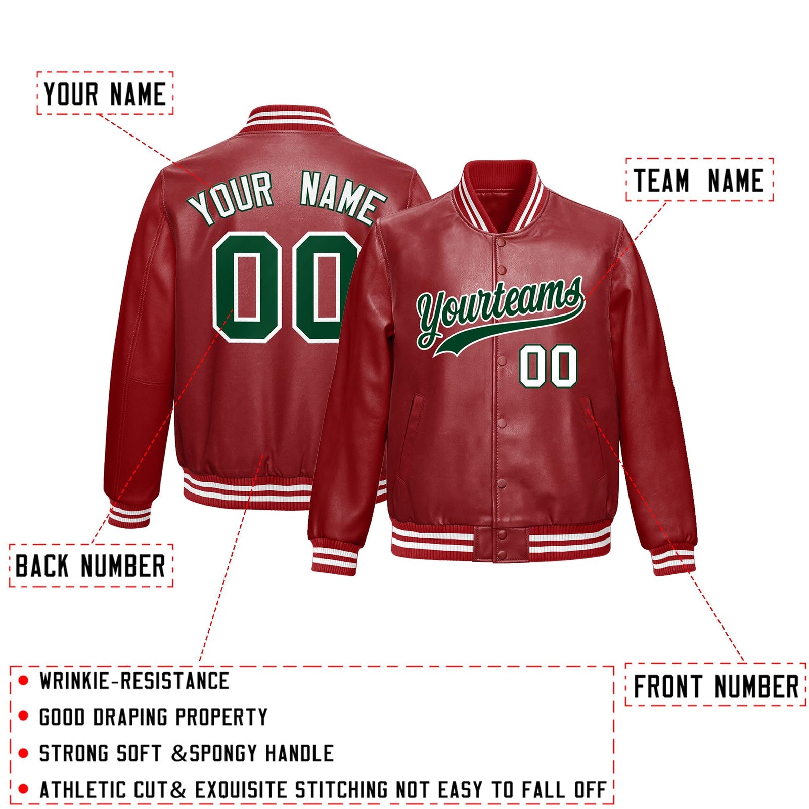 Custom Red Dark Green Full-Snap Varsity Faux Leather Letterman Jacket| KXKSHOP