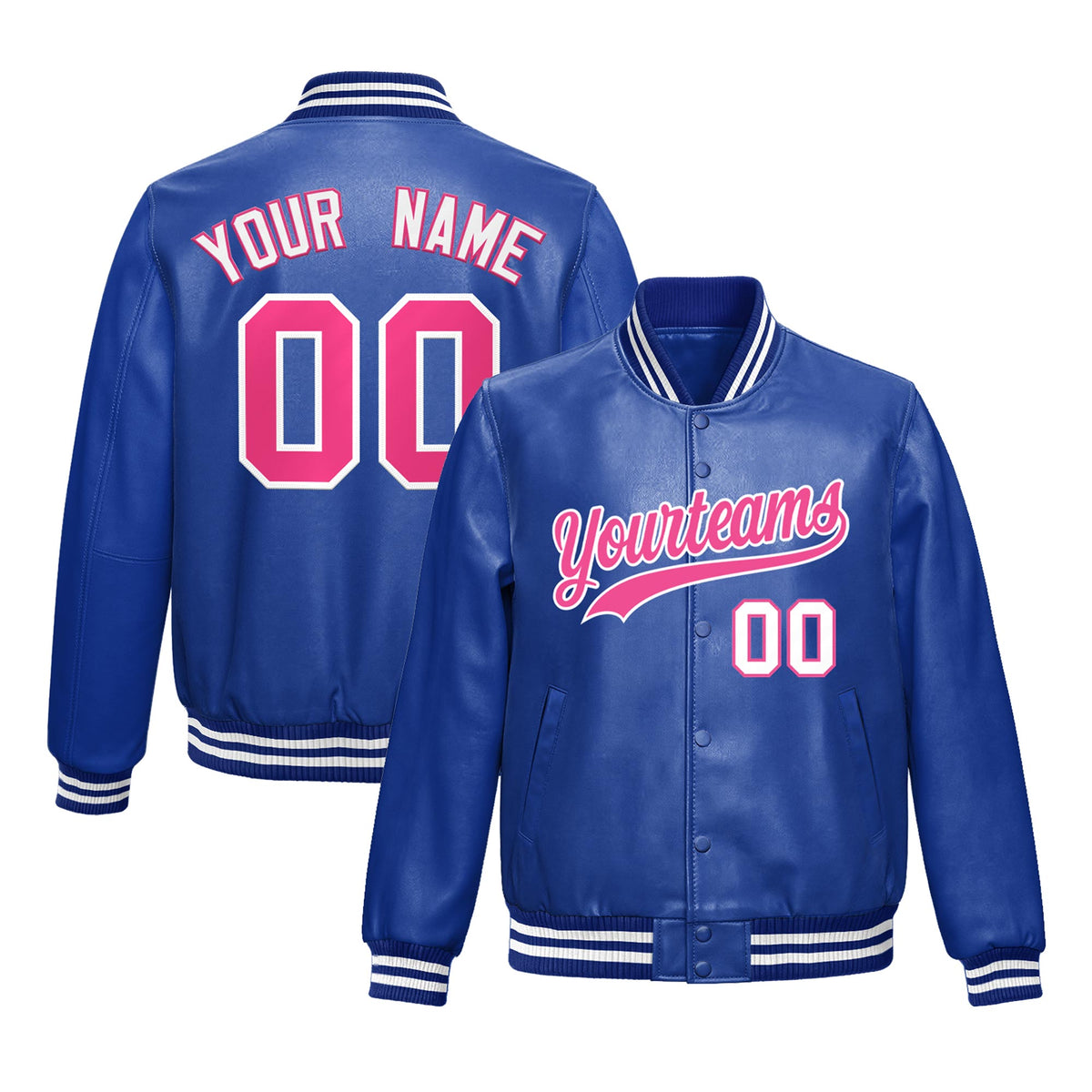 Custom Royal Blue Pink Full-Snap Varsity Faux Leather Letterman Jacket| KXKSHOP