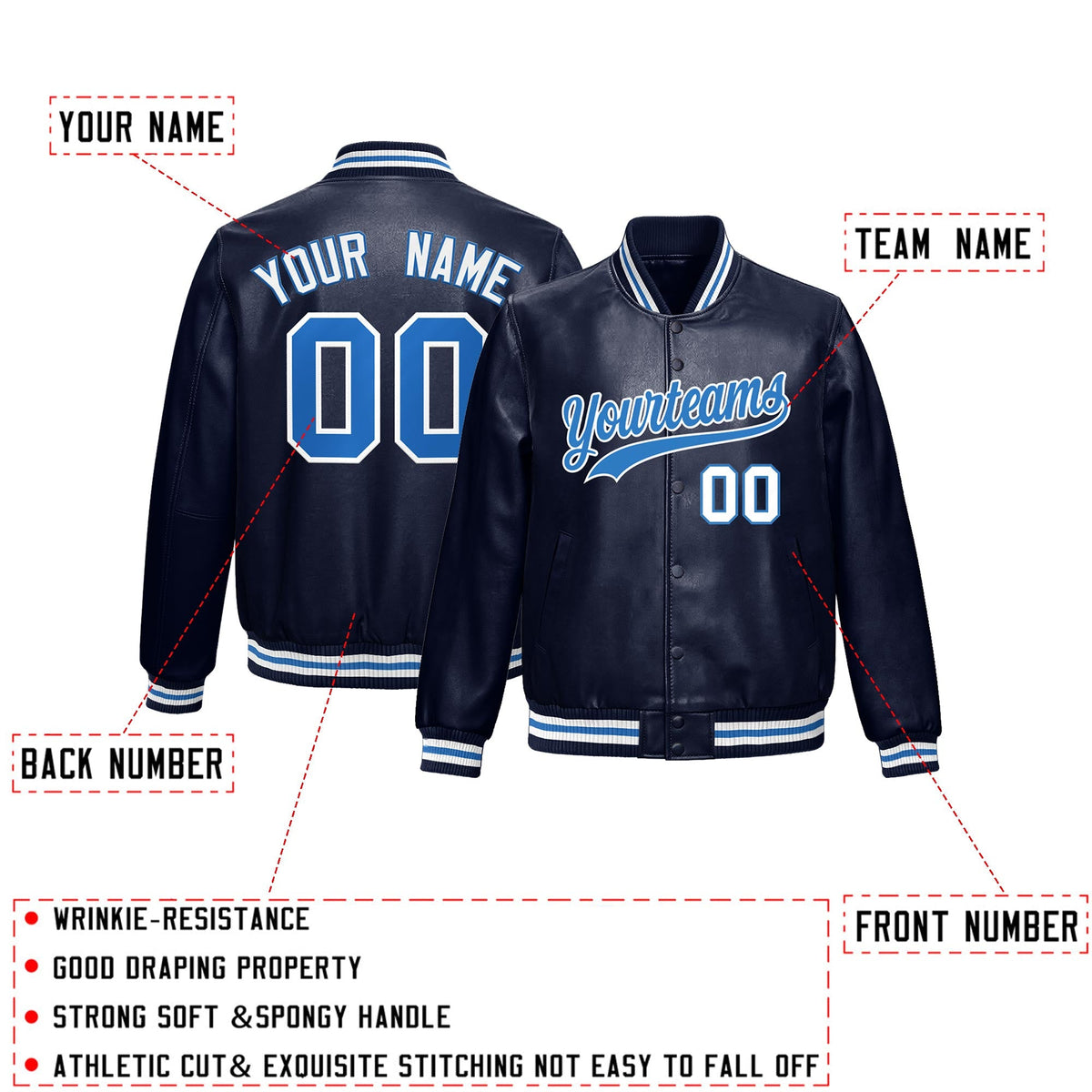 Custom Navy Light Blue Full-Snap Varsity Faux Leather Letterman Jacket| KXKSHOP