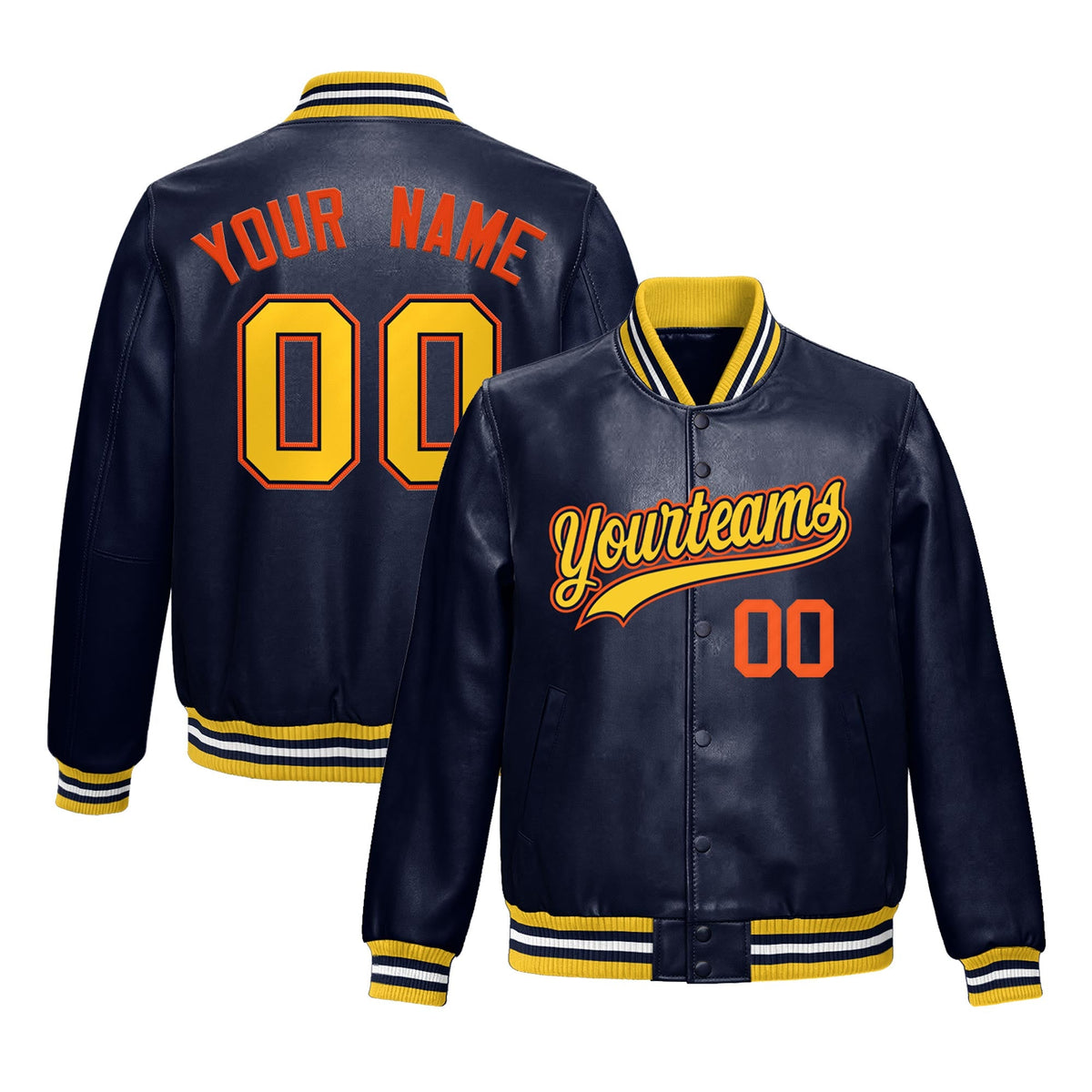 Custom Navy Gold Full-Snap Varsity Faux Leather Letterman Jacket| KXKSHOP