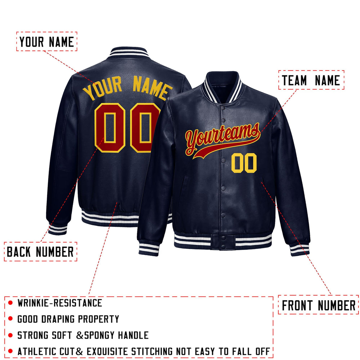 Custom Navy Red Gold Full-Snap Varsity Faux Leather Letterman Jacket| KXKSHOP