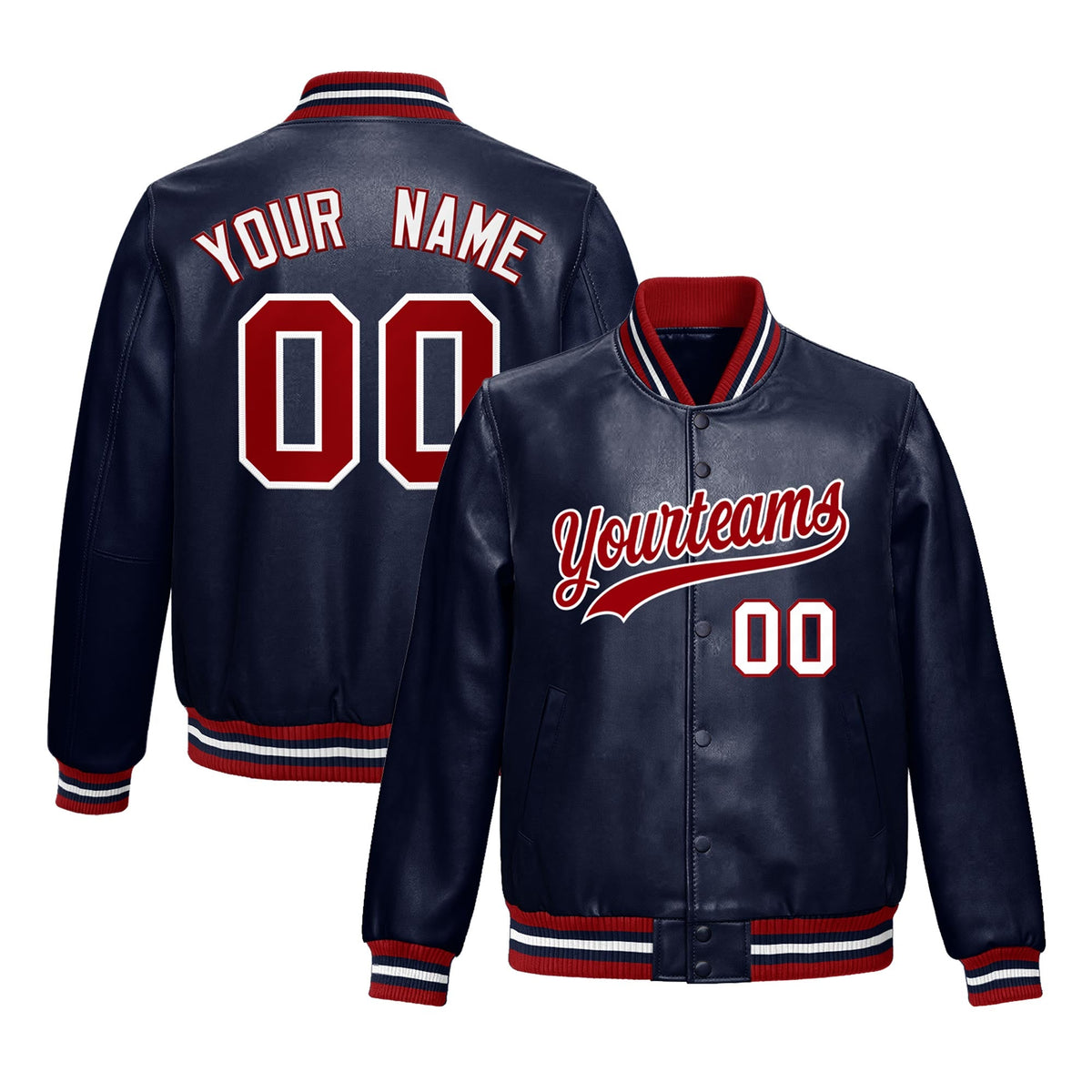 Custom Navy Red Full-Snap Varsity Faux Leather Letterman Jacket| KXKSHOP