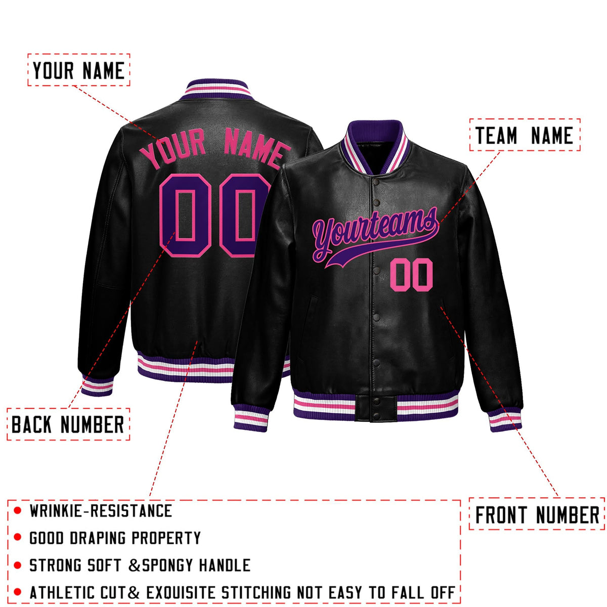 Custom Black Purple Pink Full-Snap Varsity Faux Leather Letterman Jacket| KXKSHOP