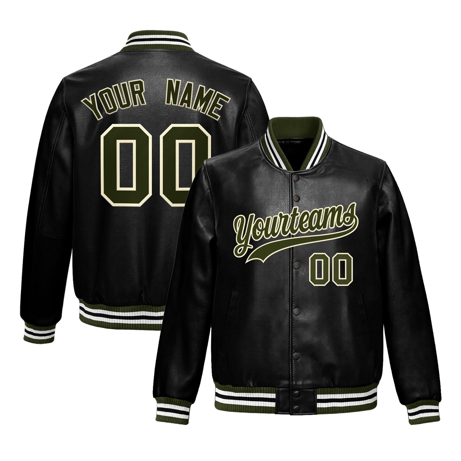 Custom Black Olive Full-Snap Varsity Faux Leather Letterman Jacket| KXKSHOP