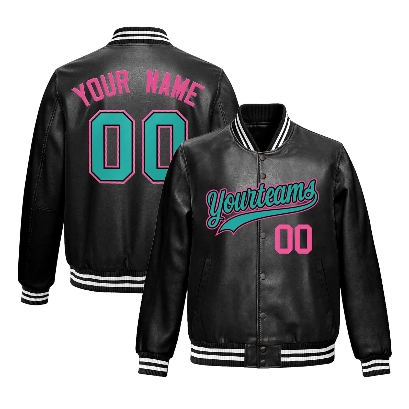 Custom Black Aqua Full-Snap Varsity Faux Leather Letterman Jacket| KXKSHOP