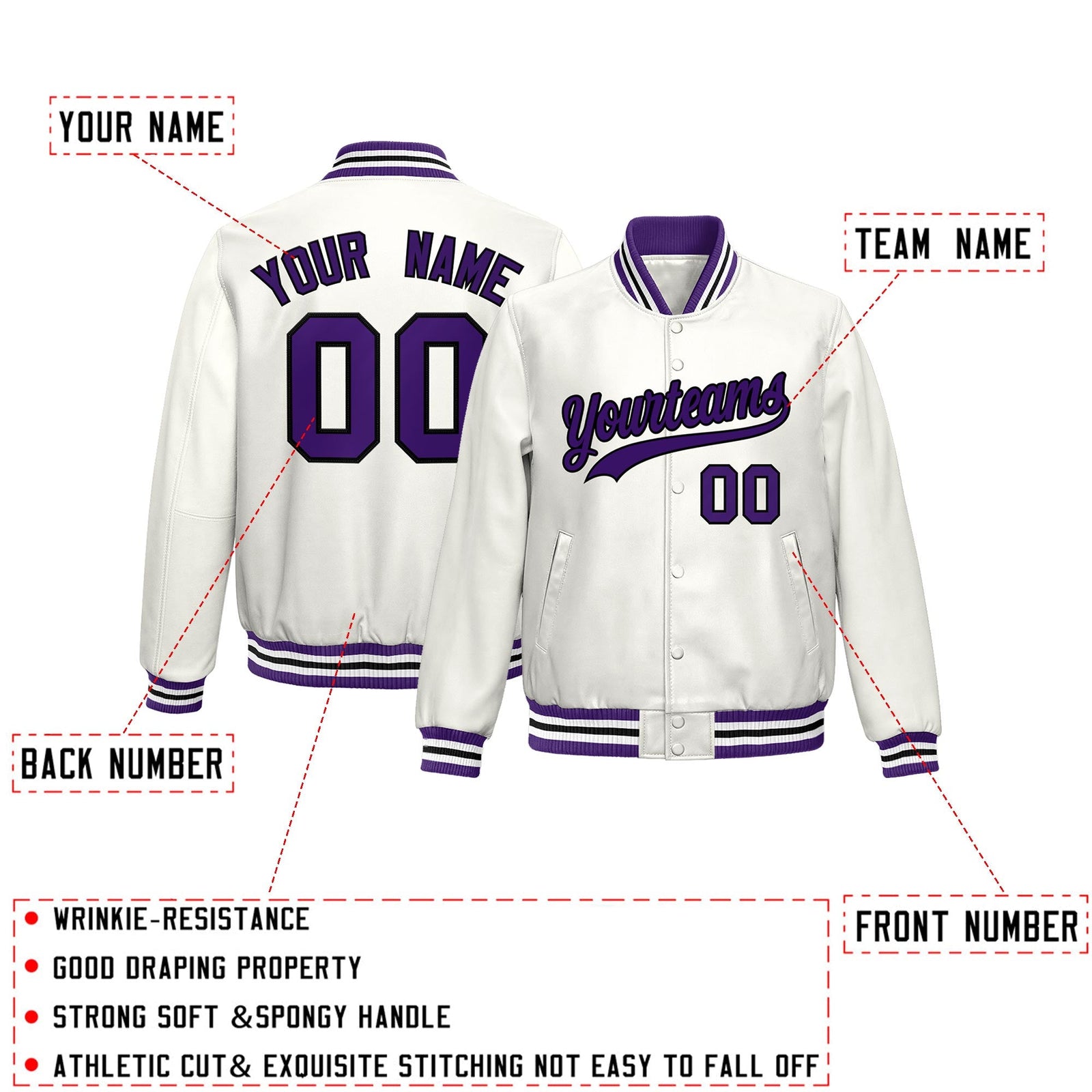 Custom White Purple Full-Snap Varsity Faux Leather Letterman Jacket| KXKSHOP
