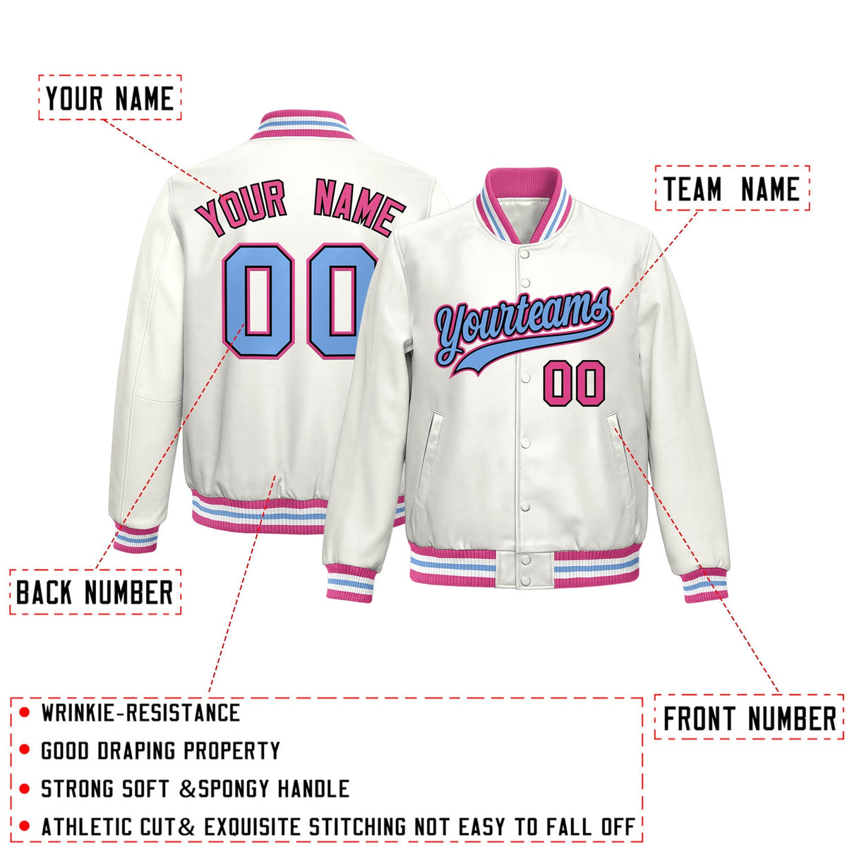Custom White Pink Full-Snap Varsity Faux Leather Letterman Jacket| KXKSHOP