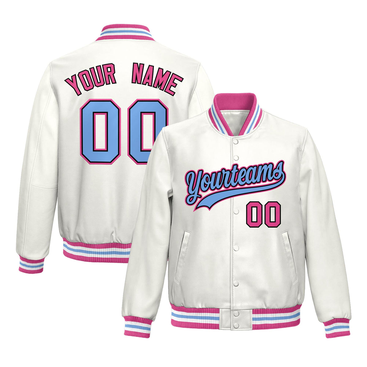 Custom White Pink Full-Snap Varsity Faux Leather Letterman Jacket| KXKSHOP