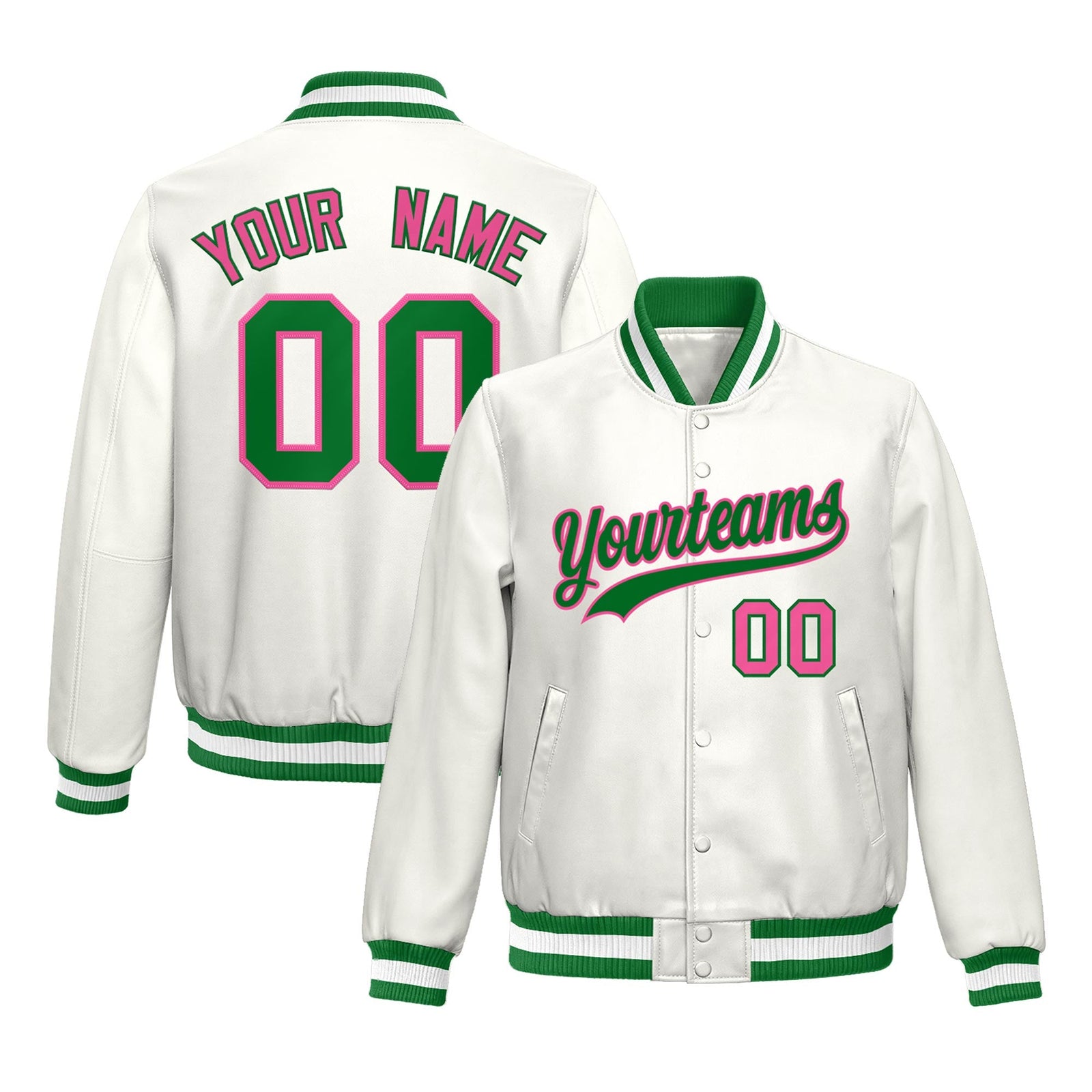 Custom White Kelly Green Pink Full-Snap Varsity Faux Leather Letterman Jacket| KXKSHOP