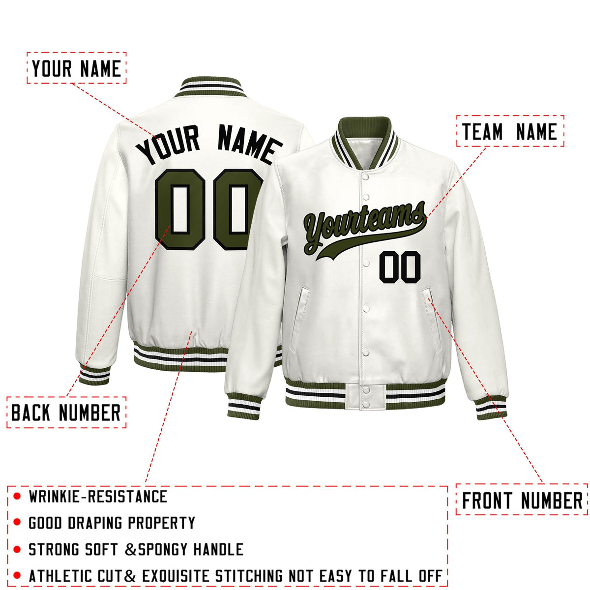 Custom White Olive Full-Snap Varsity Faux Leather Letterman Jacket| KXKSHOP