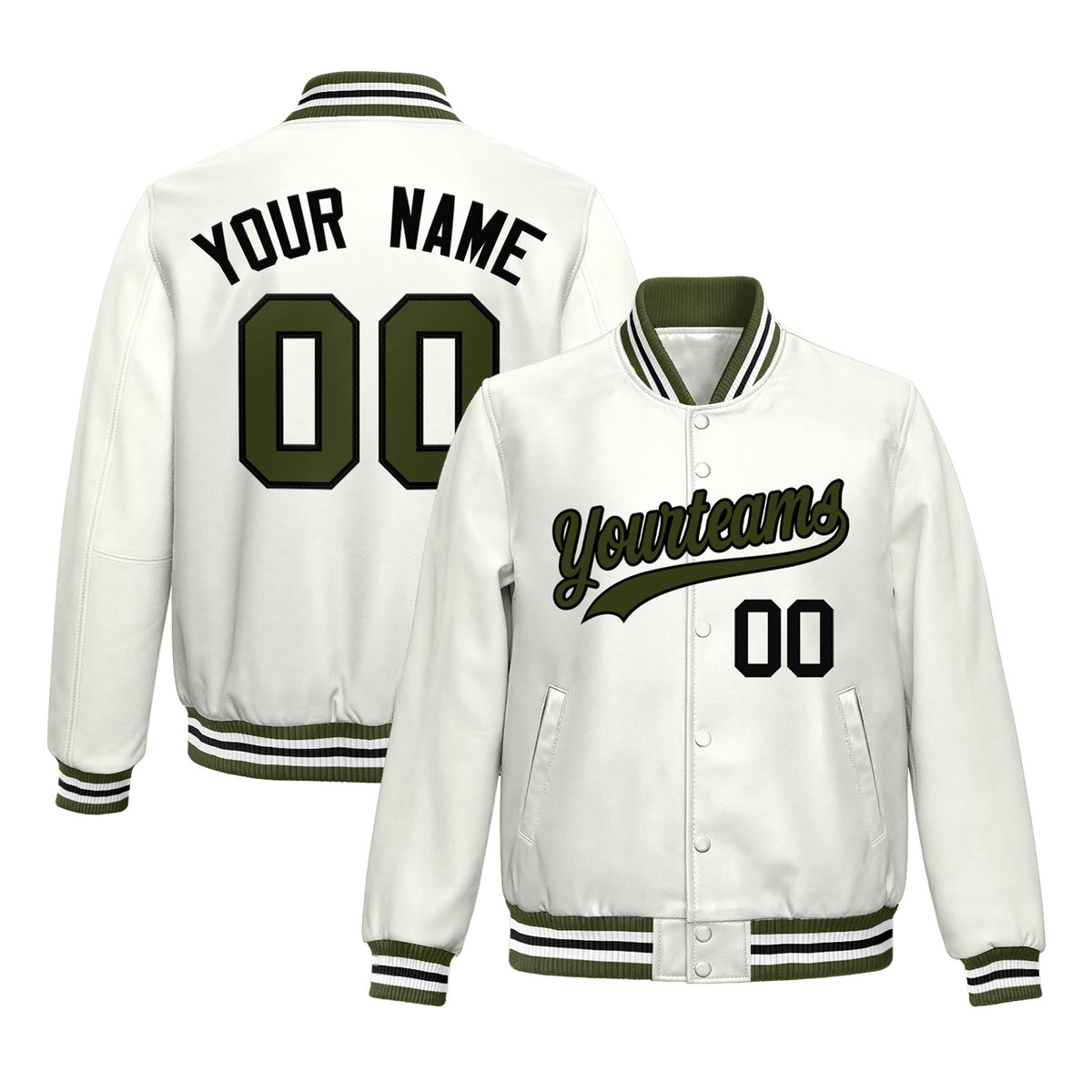 Custom White Olive Full-Snap Varsity Faux Leather Letterman Jacket| KXKSHOP