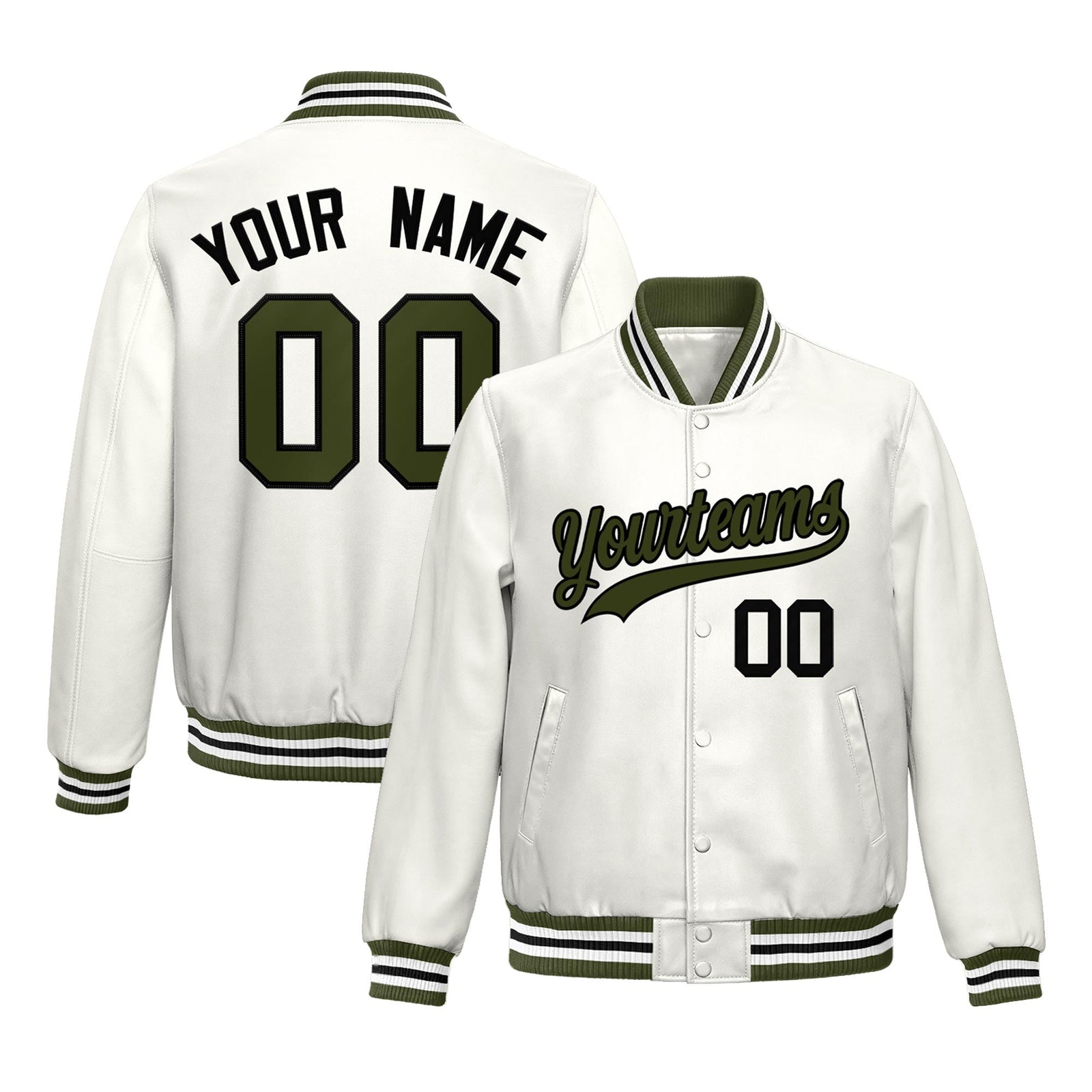 Custom White Olive Full-Snap Varsity Faux Leather Letterman Jacket| KXKSHOP