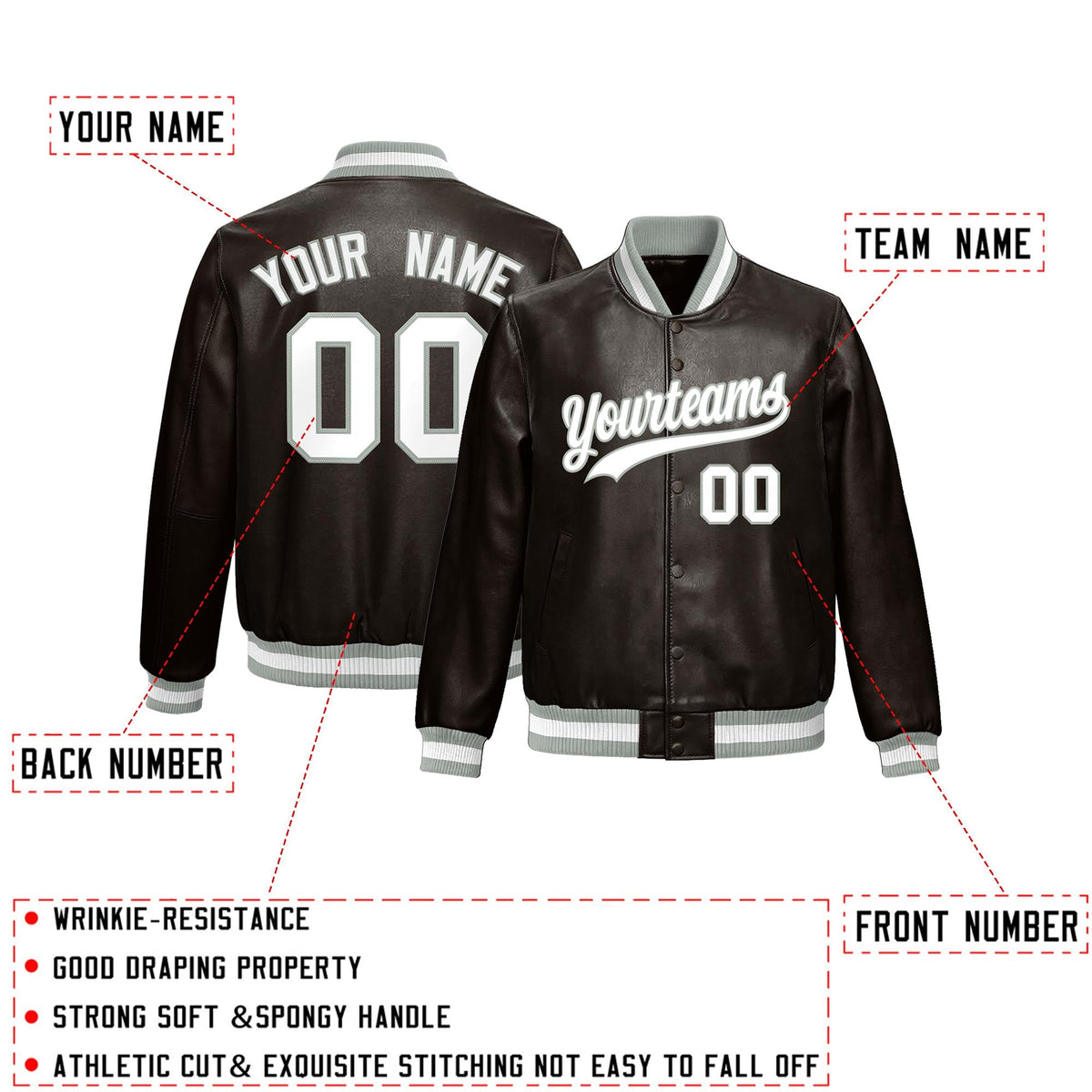 Custom Brown Gray Full-Snap Varsity Faux Leather Letterman Jacket| KXKSHOP