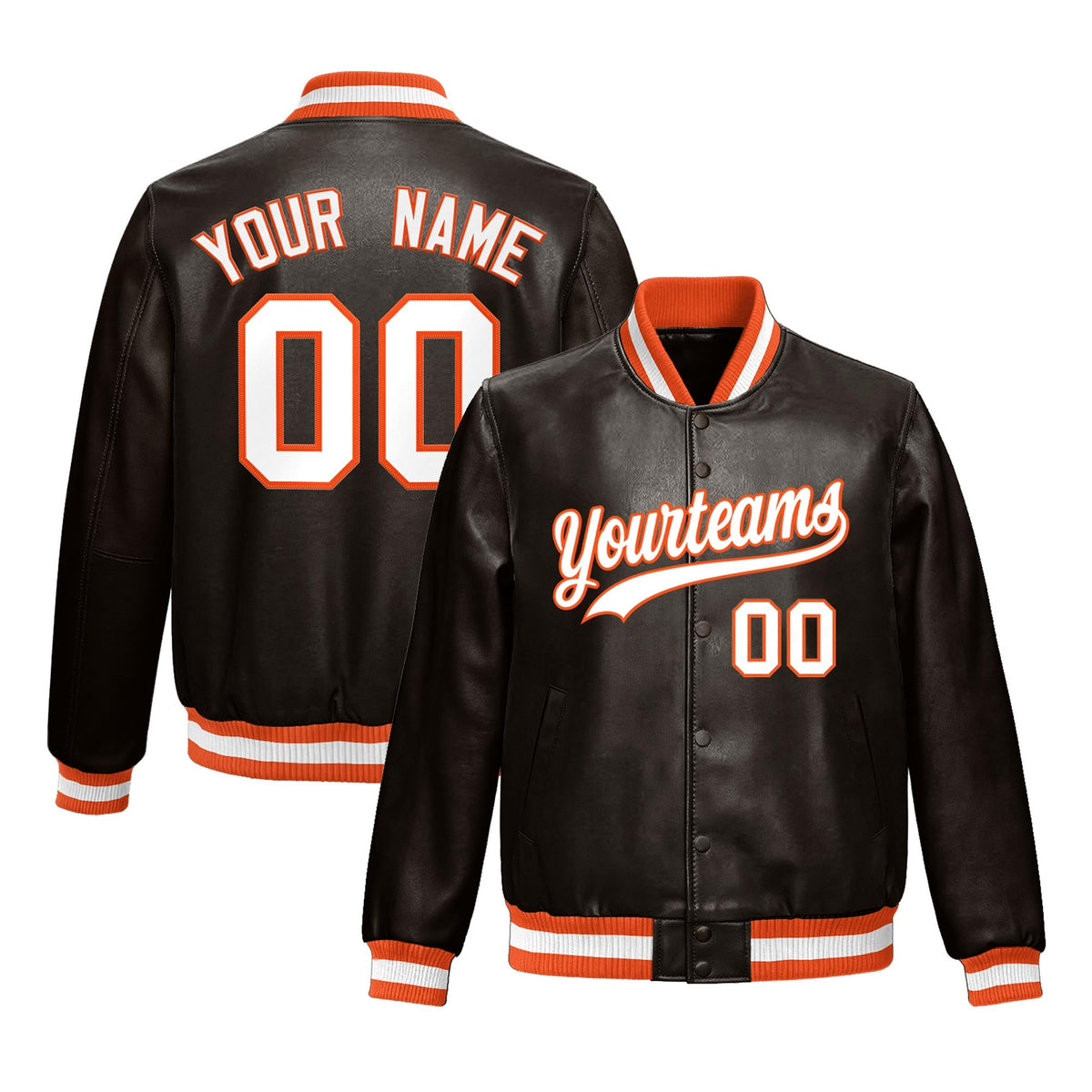 Custom Brown Orange Full-Snap Varsity Faux Leather Letterman Jacket| KXKSHOP