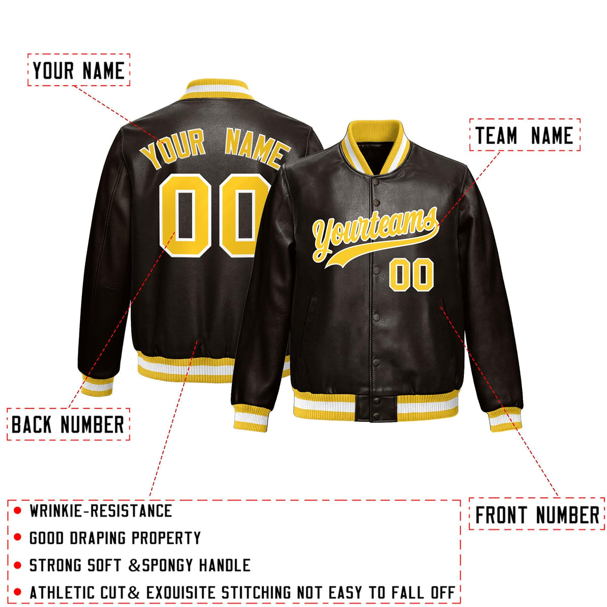Custom Brown Yellow Full-Snap Varsity Faux Leather Letterman Jacket| KXKSHOP