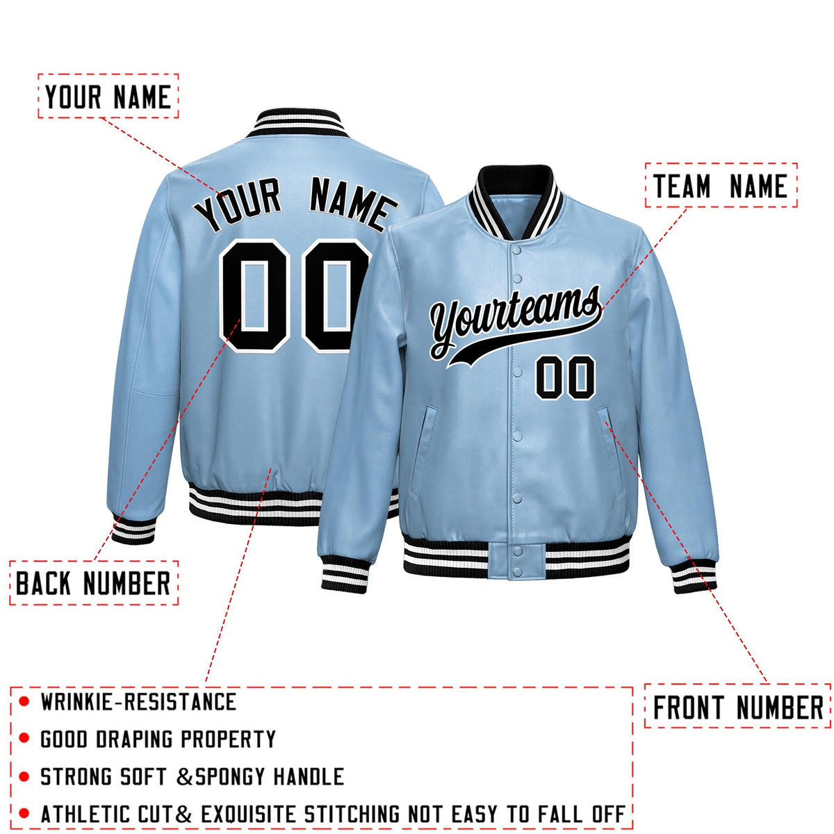 Custom Powder Blue Black Full-Snap Varsity Faux Leather Letterman Jacket| KXKSHOP