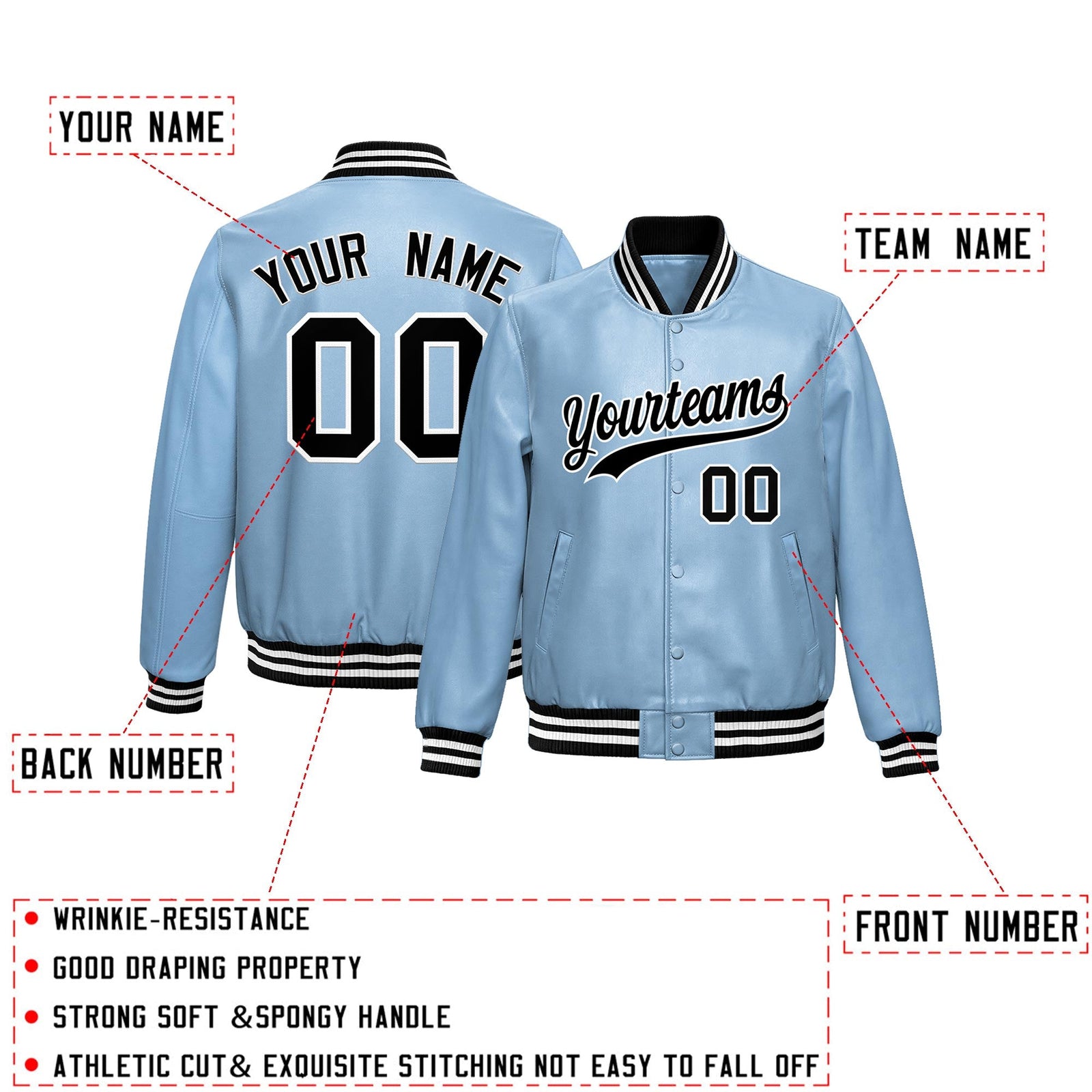Custom Powder Blue Black Full-Snap Varsity Faux Leather Letterman Jacket| KXKSHOP