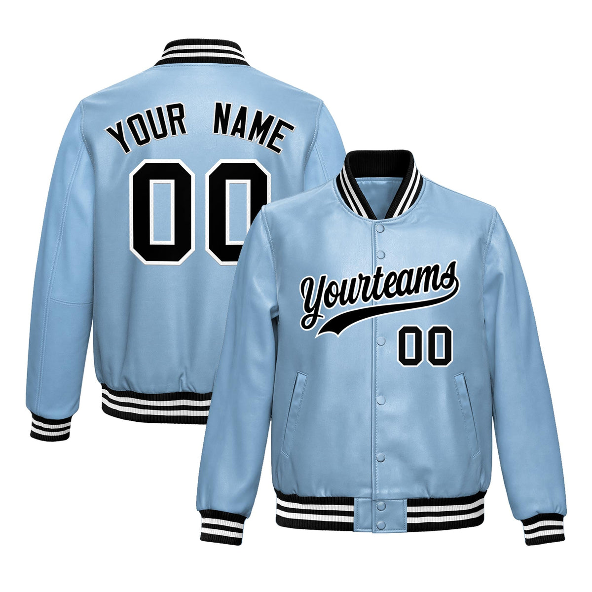Custom Powder Blue Black Full-Snap Varsity Faux Leather Letterman Jacket| KXKSHOP