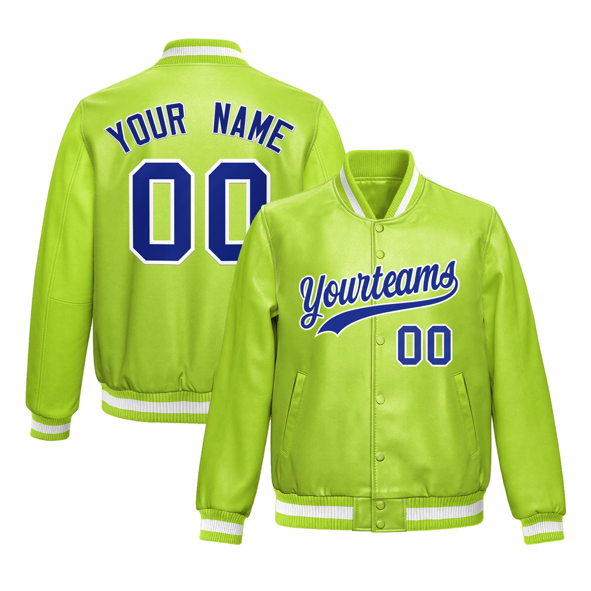 Custom Neon Green Royal Blue Full-Snap Varsity Faux Leather Letterman Jacket| KXKSHOP