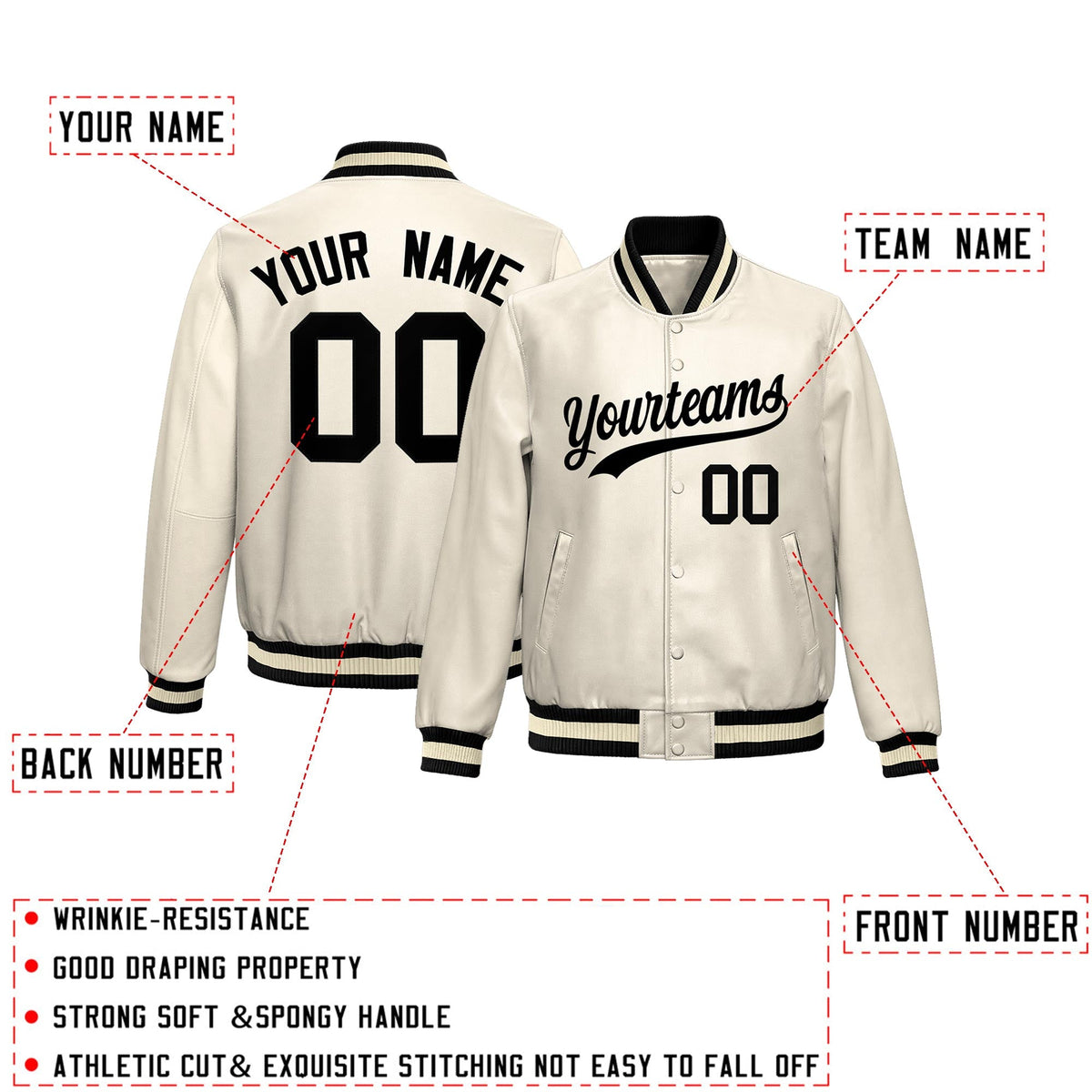 Custom Cream Black Full-Snap Varsity Faux Leather Letterman Jacket| KXKSHOP